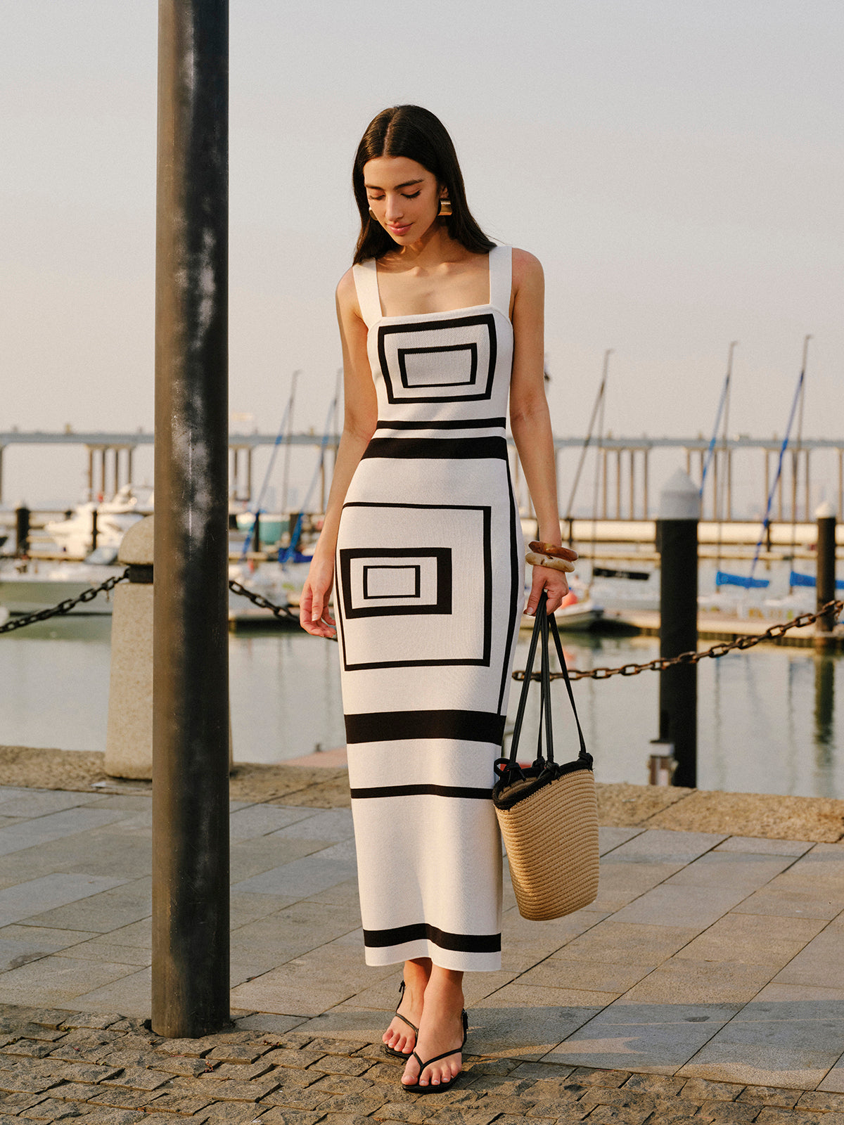 Geometrical Panel Square Neck Sweater Dress Winter Fashion Trend