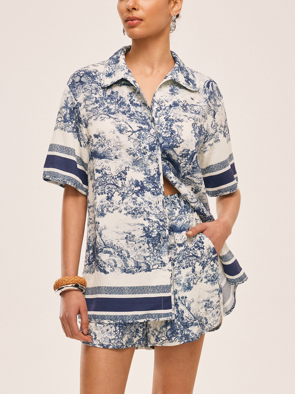 Printed Contrast Trim Shorts Set with Elastic Waistband