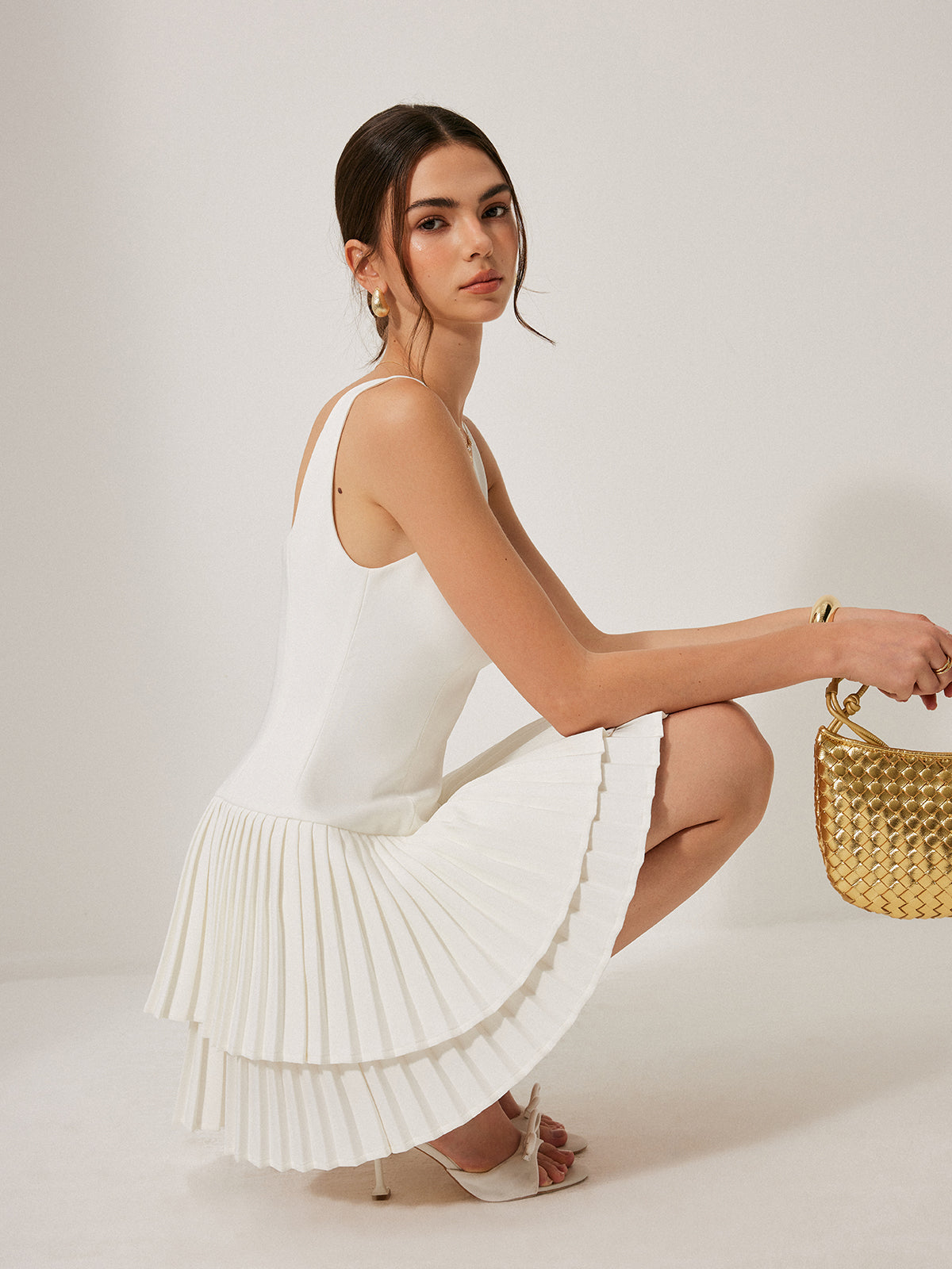 Square Neck Pleated Dress for Women Elegant Evening Wear