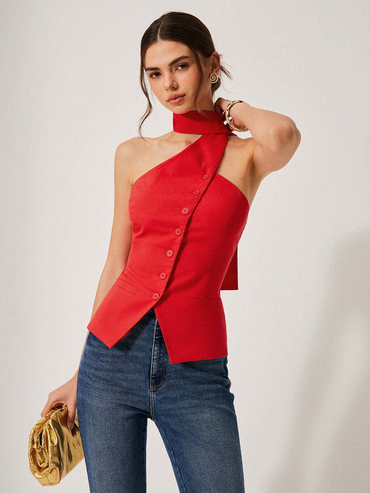 Cotton & Linen Halter Top With Decor Pockets, Summer Breathable Fabric