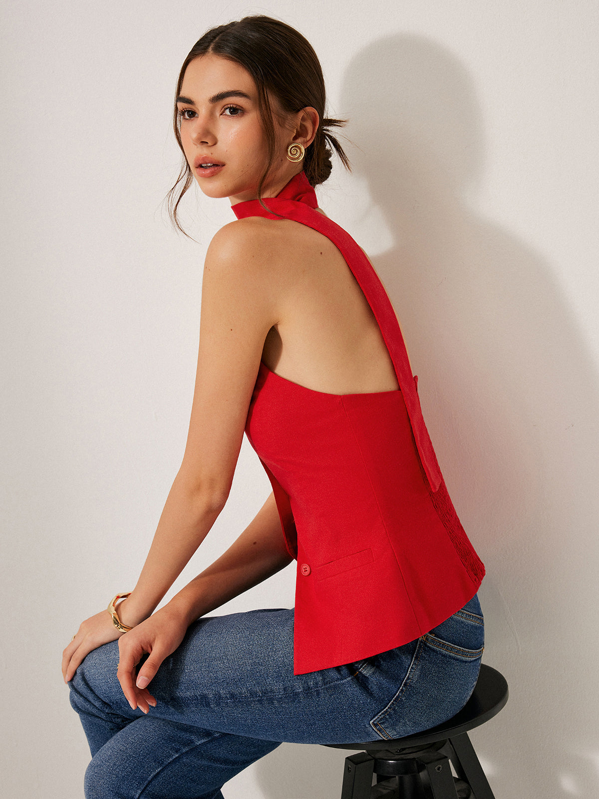 Cotton & Linen Halter Top With Decor Pockets, Summer Breathable Fabric