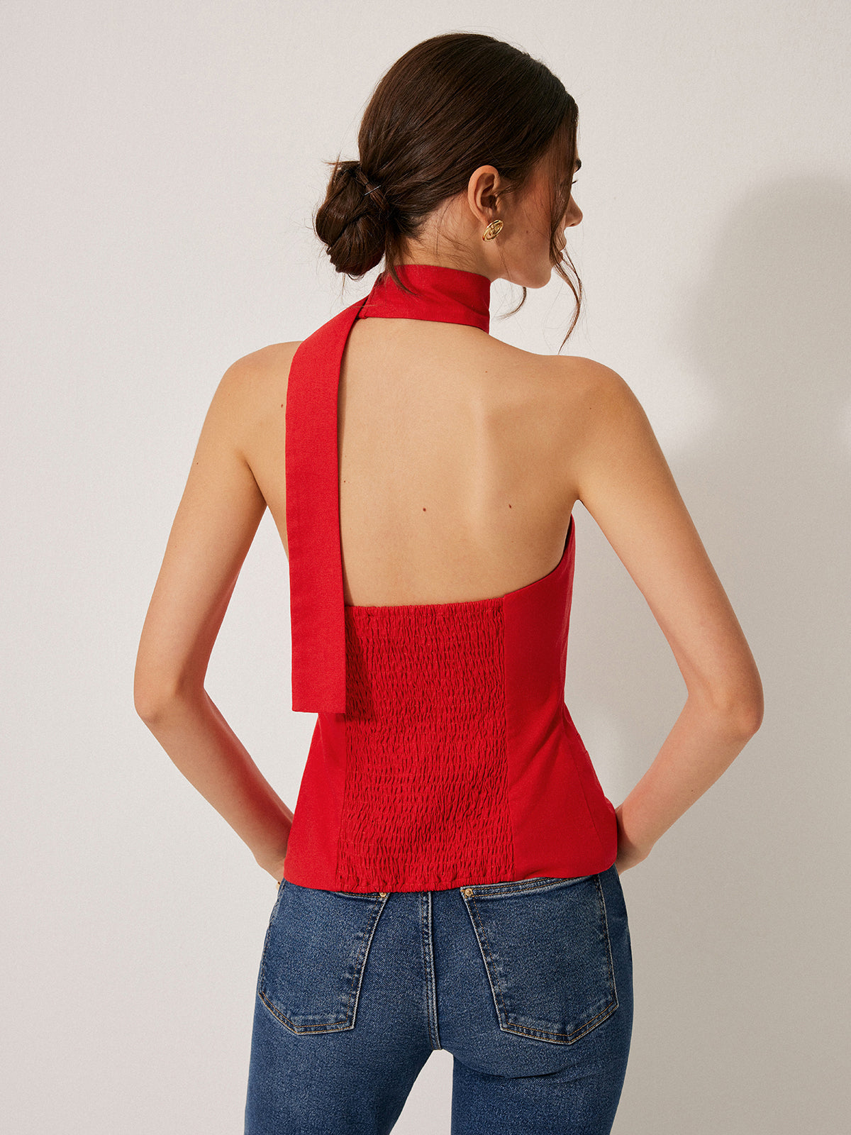 Cotton & Linen Halter Top With Decor Pockets, Summer Breathable Fabric