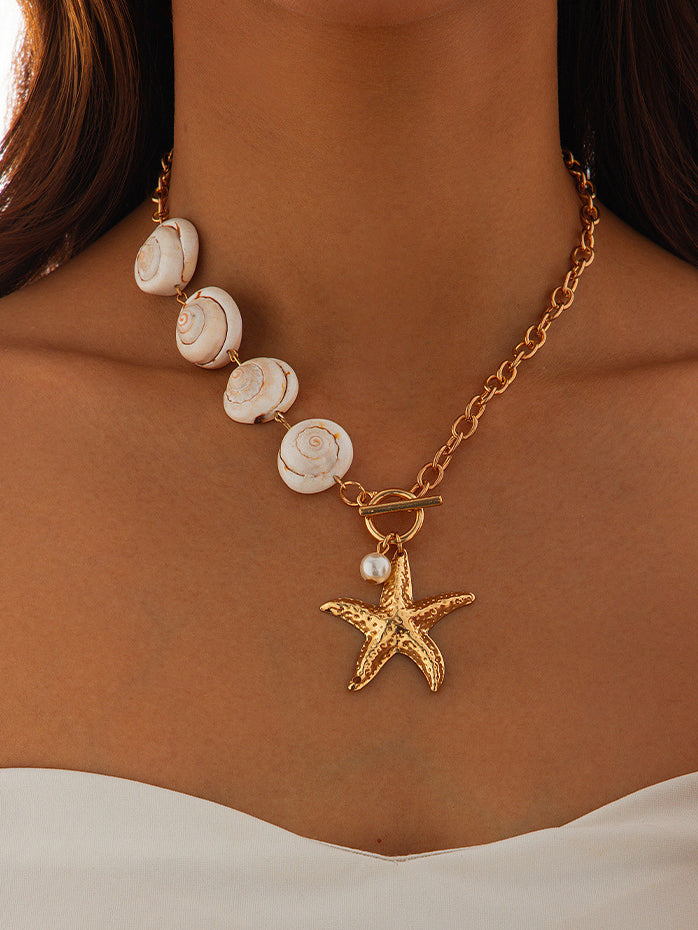 Seashell & Starfish Pendant Necklace, Ocean-Inspired Beach Jewelry Accessory