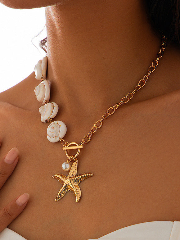 Seashell & Starfish Pendant Necklace, Ocean-Inspired Beach Jewelry Accessory