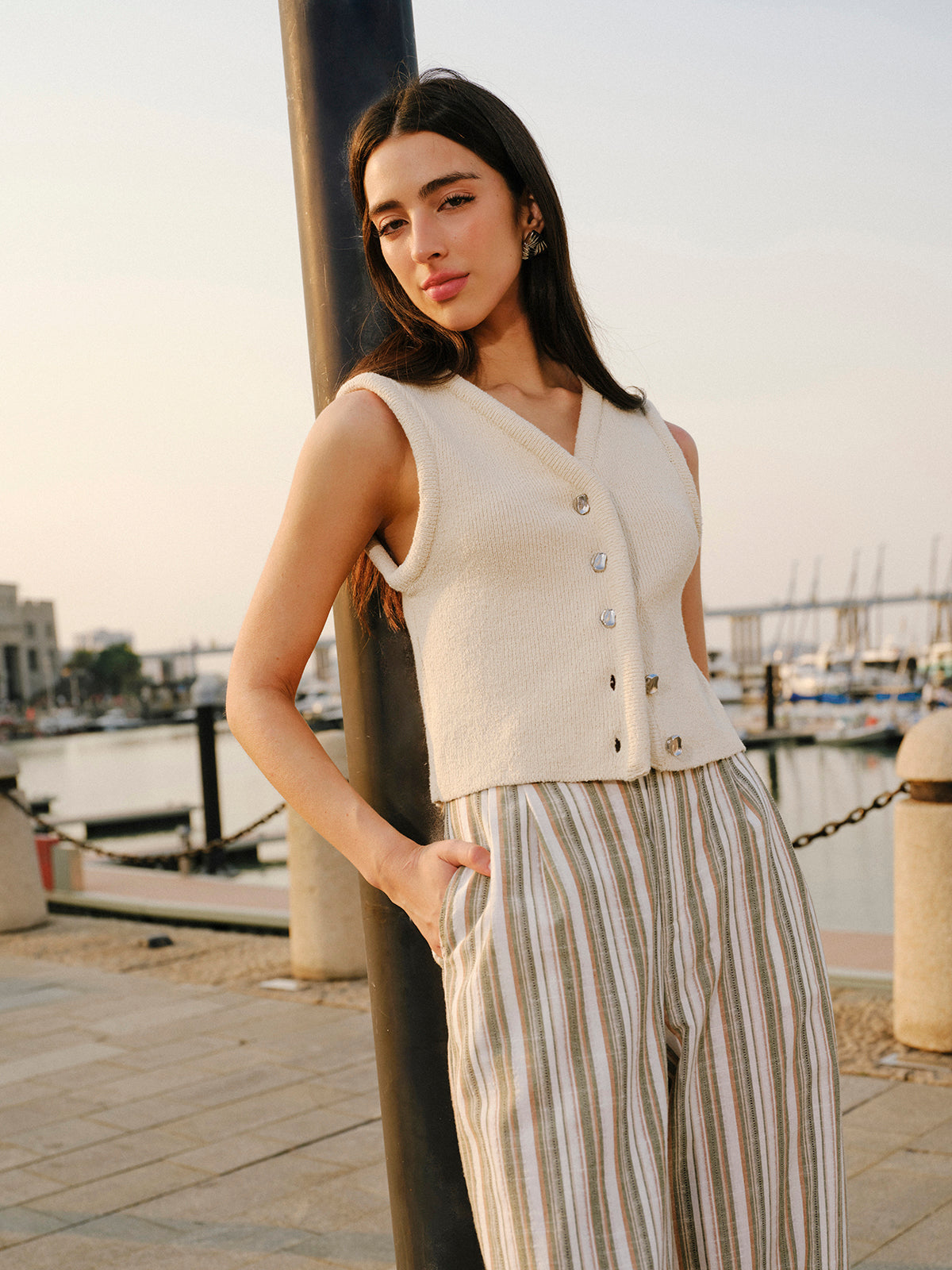 Button Front Sweater Vest with V-Neck Casual Fit