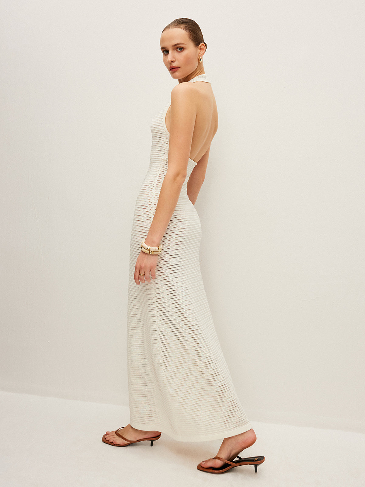 Semi-Sheer Knit Backless Maxi Dress for Women