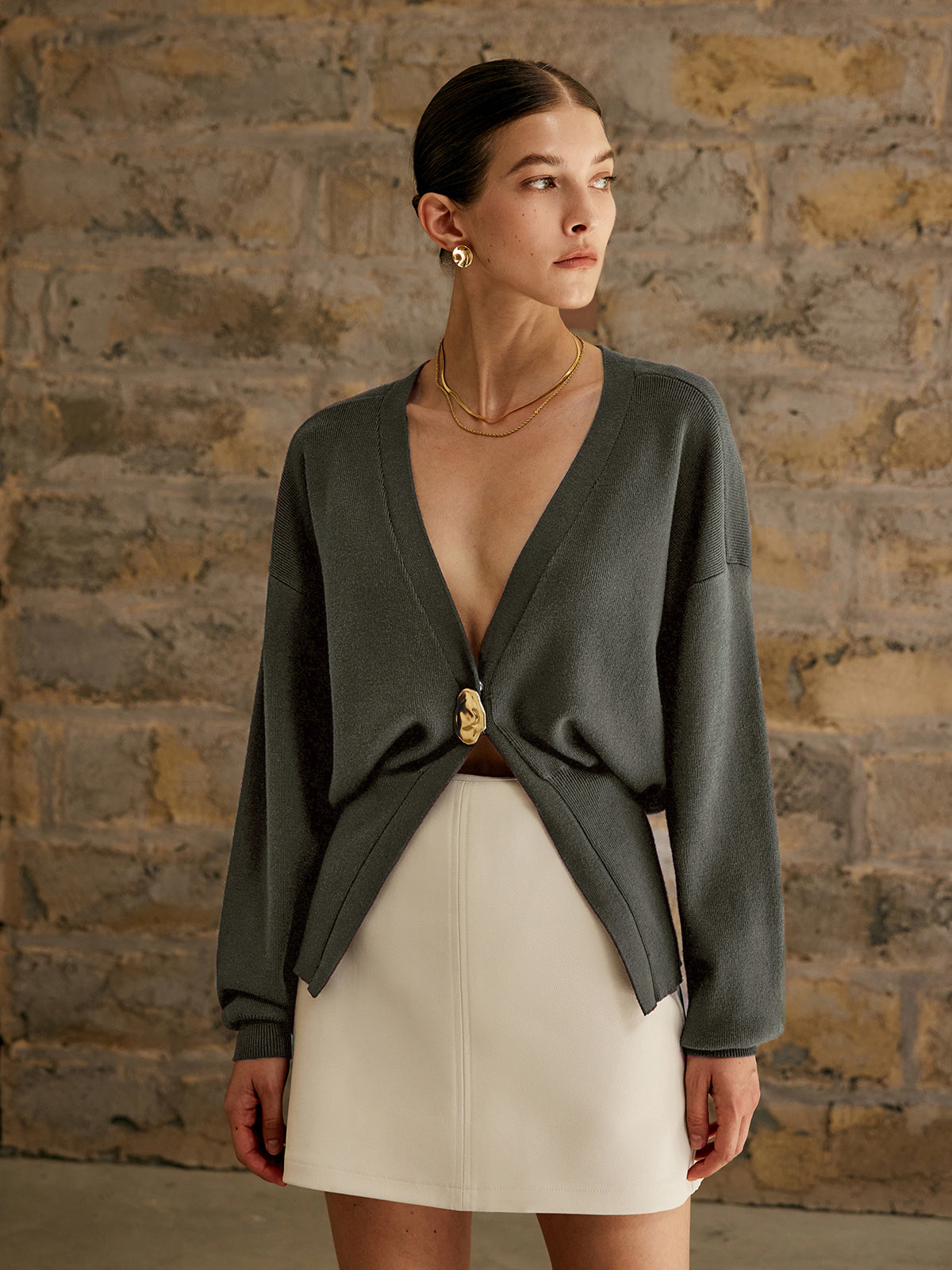 Golden Button Plain Cardigan with Lightweight Cotton Blend for Women