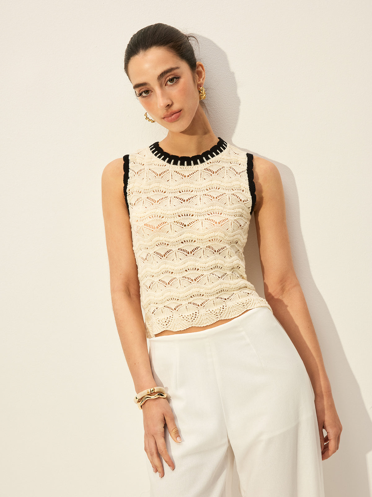 Crochet Contrast Trim Sweater Vest Women's Casual Layering Piece