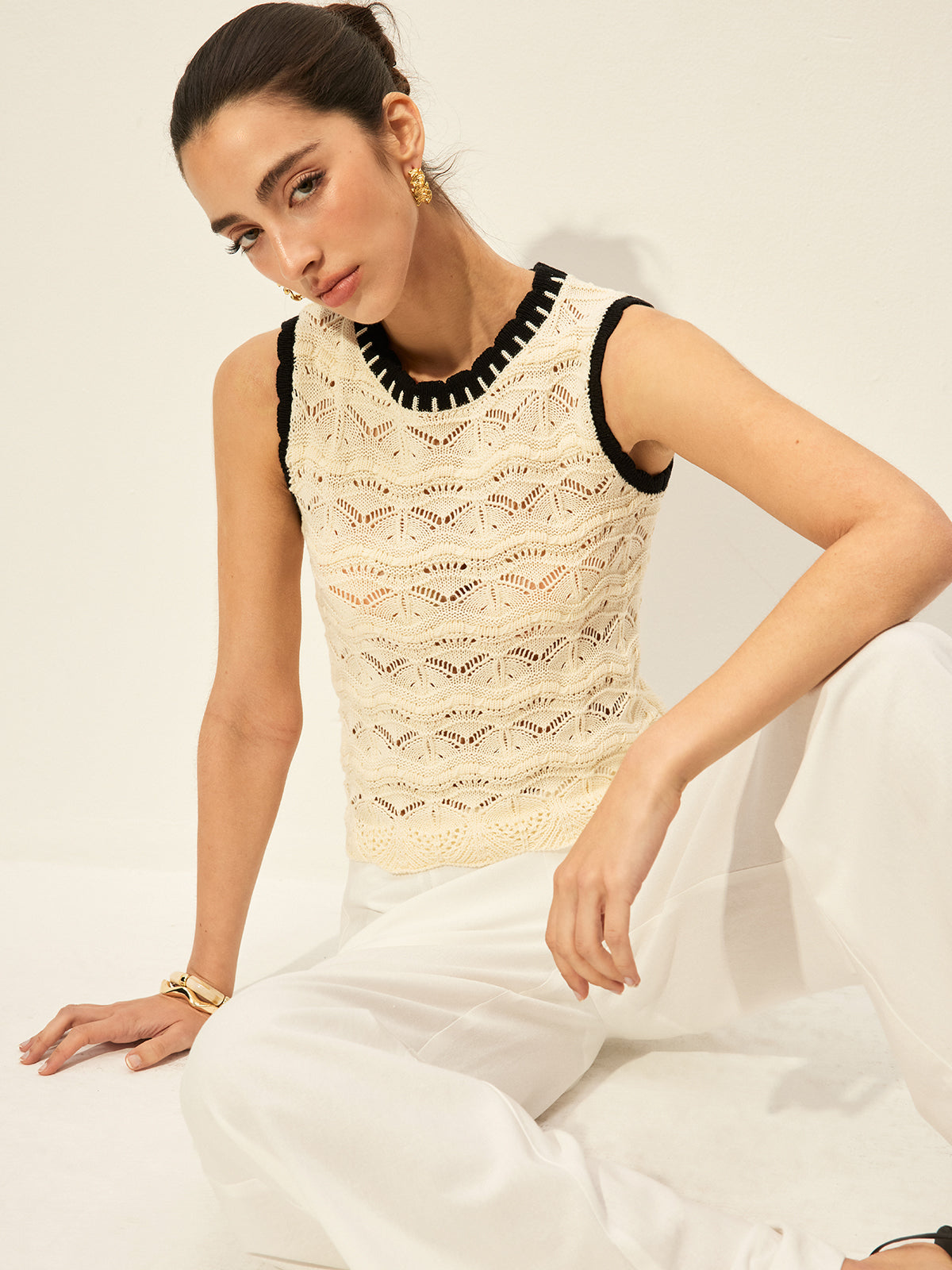 Crochet Contrast Trim Sweater Vest Women's Casual Layering Piece