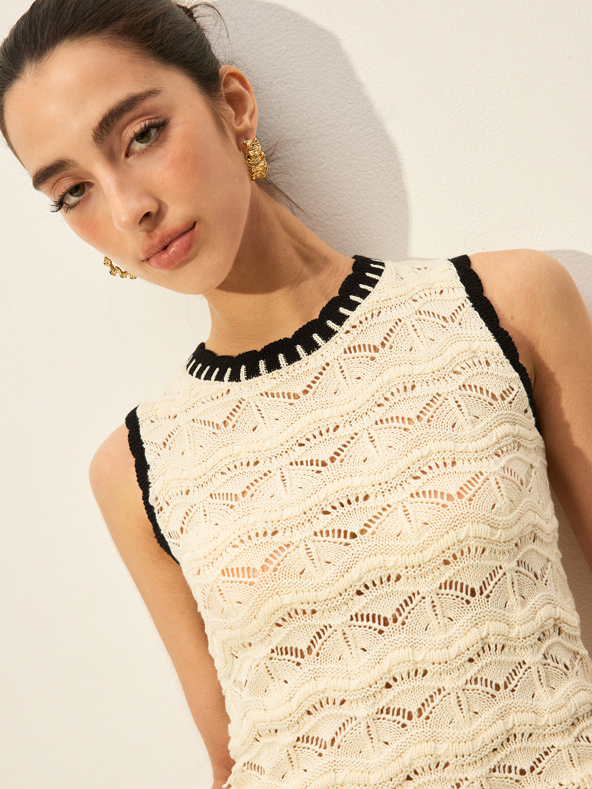 Crochet Contrast Trim Sweater Vest Women's Casual Layering Piece