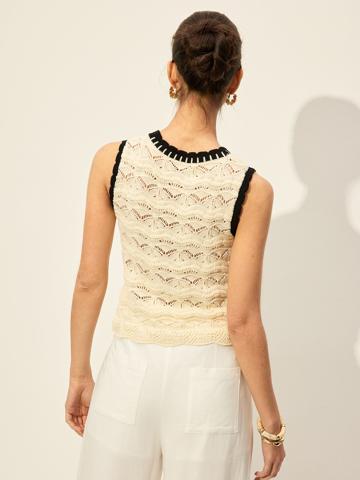 Crochet Contrast Trim Sweater Vest Women's Casual Layering Piece