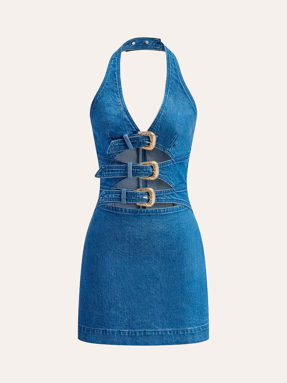 Halter Neck Buckle Detail Denim Dress with Adjustable Strap