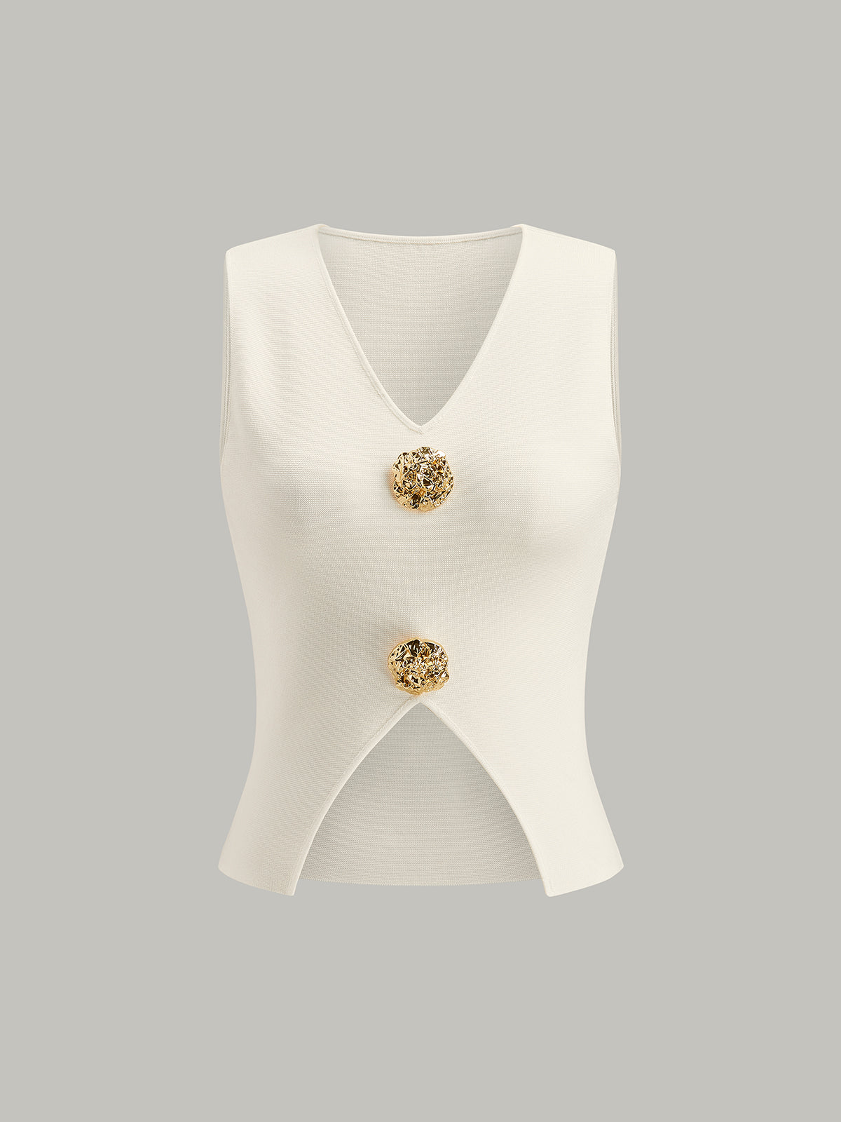 Metal Detail V-Neck Split Sweater Vest Casual Layering Fashion Top