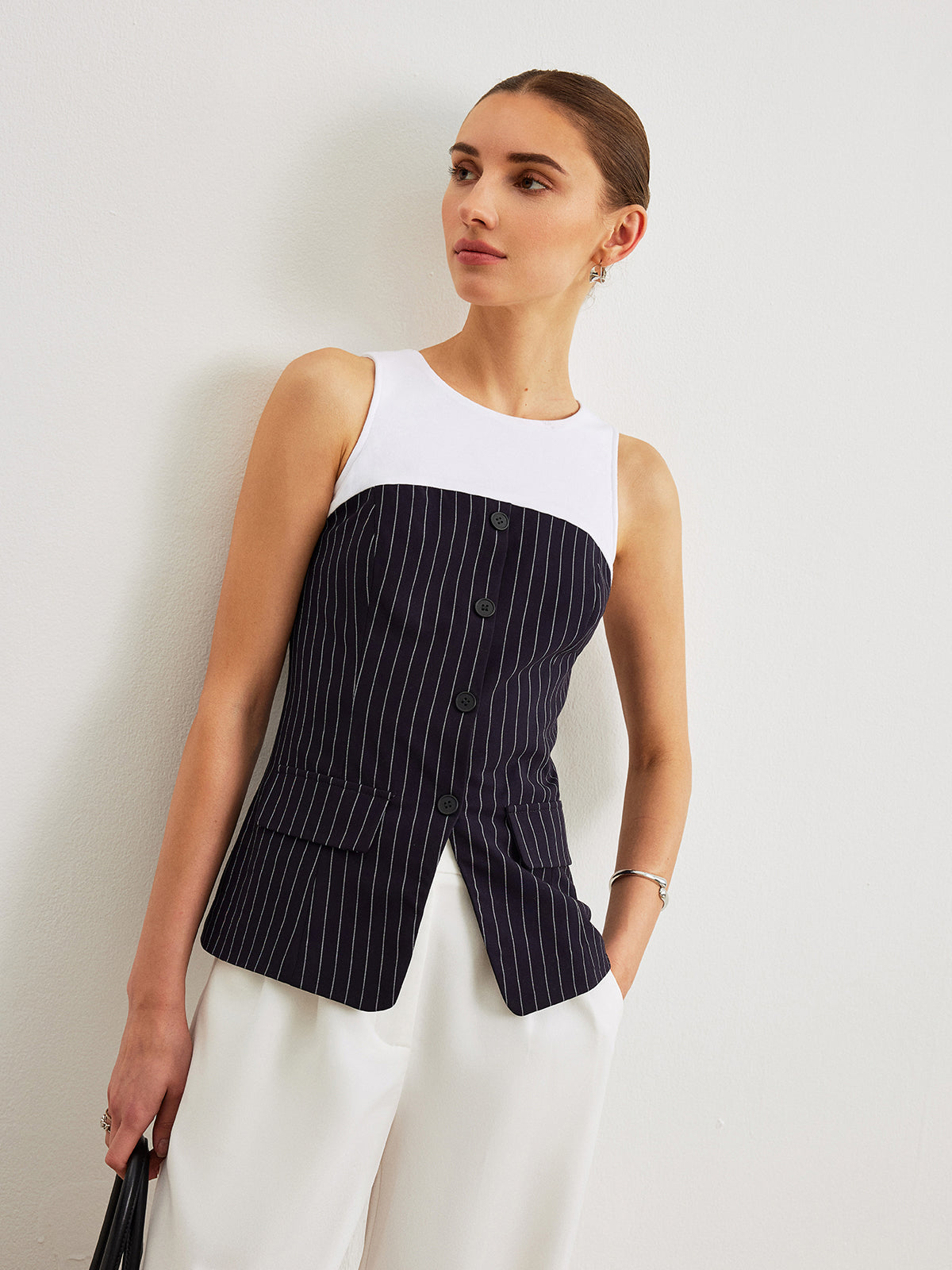 Pinstripe Button Detail Top With Decor Pockets, Women’s Fashion Blouse Tailored Fit