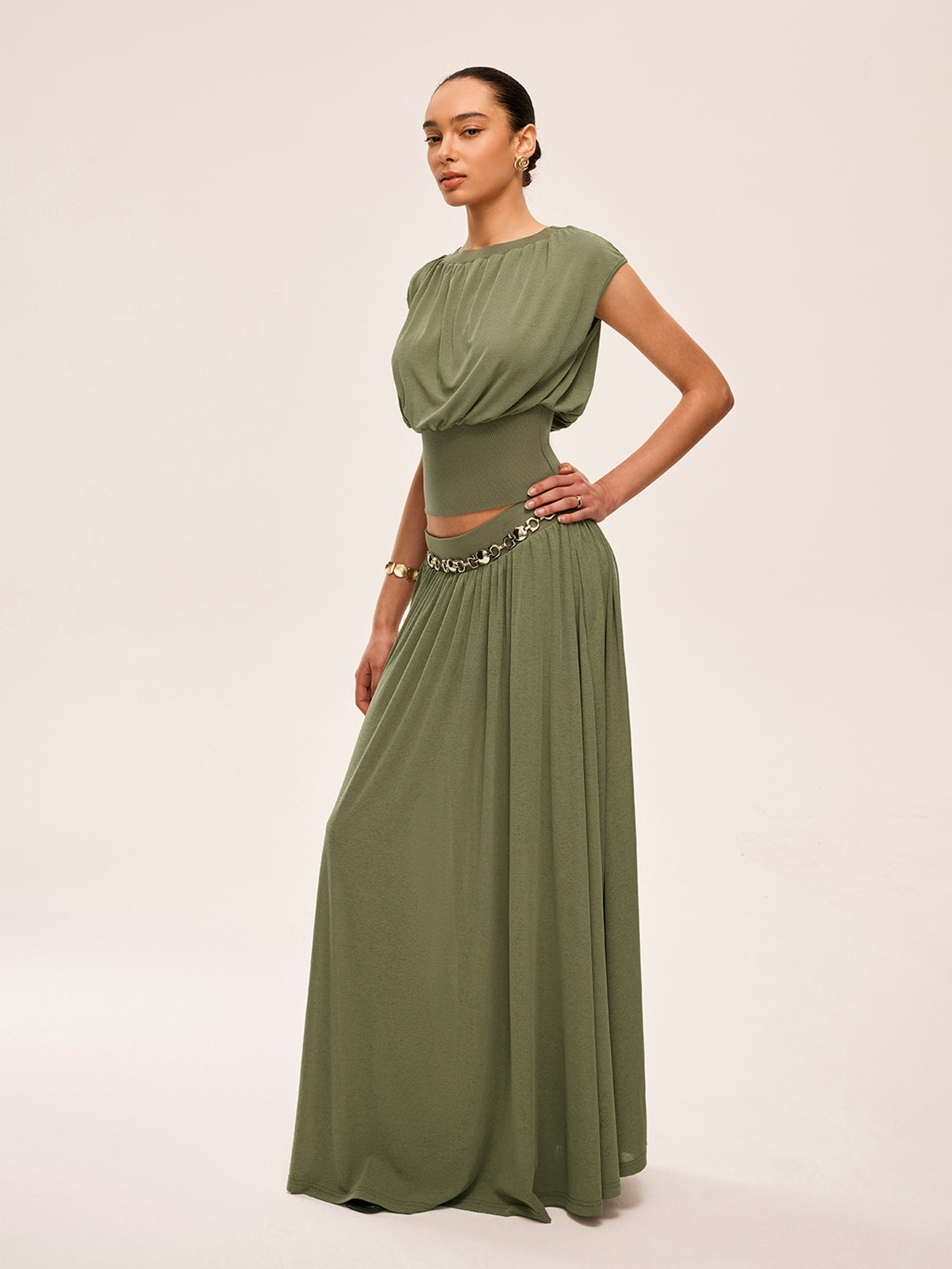 Gathered Waist Top With Flowy Skirt Set for Elegant Evening Wear