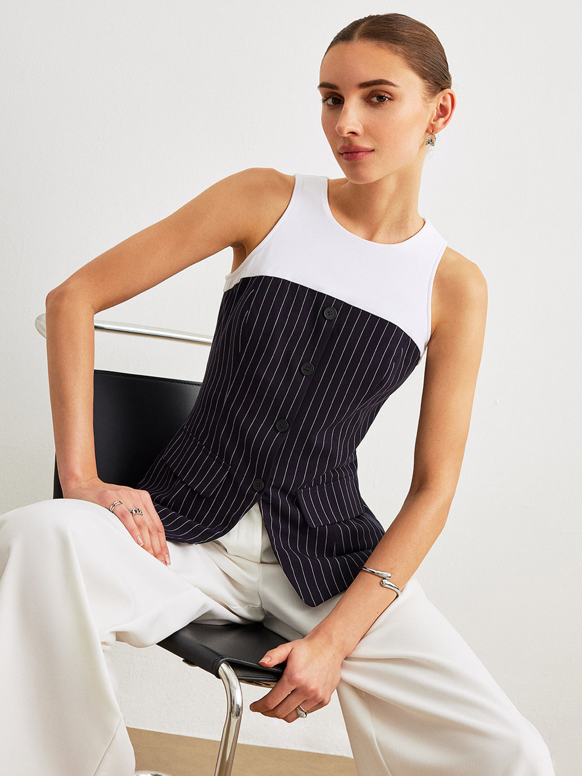 Pinstripe Button Detail Top With Decor Pockets, Women’s Fashion Blouse Tailored Fit