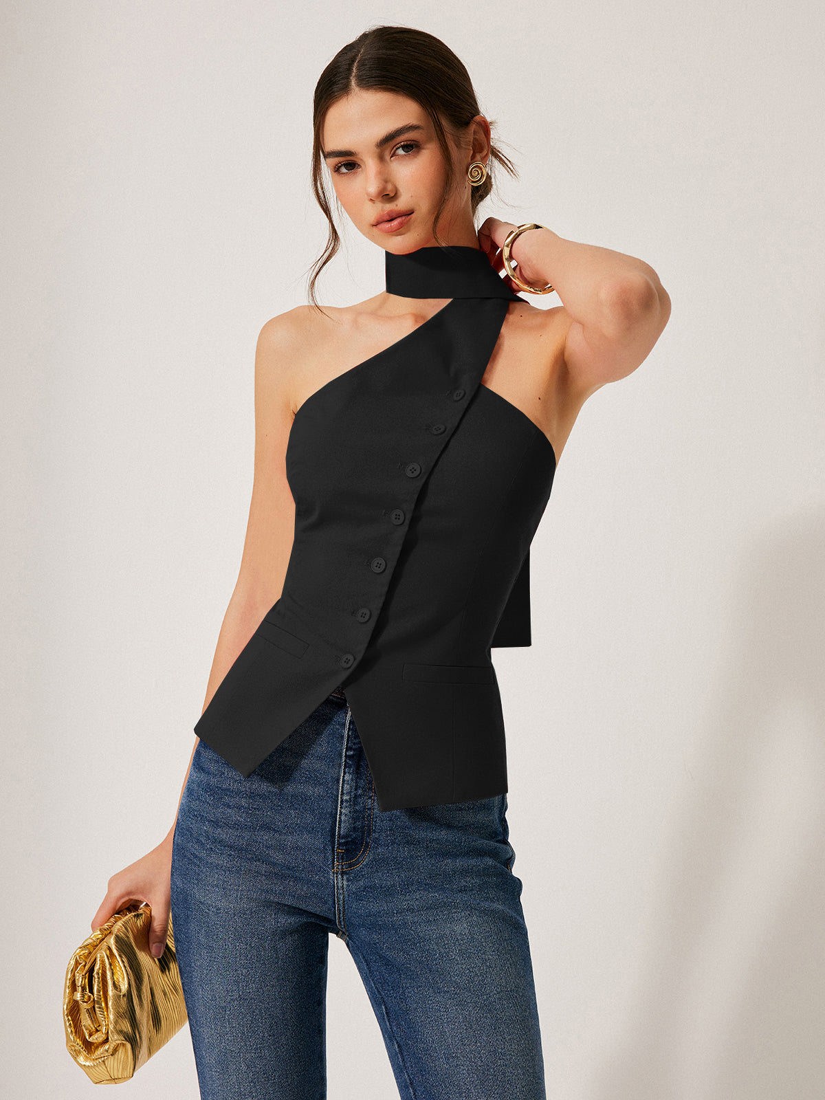 Cotton & Linen Halter Top With Decor Pockets, Summer Breathable Fabric