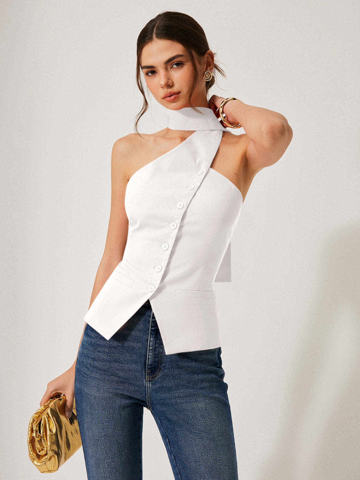 Cotton & Linen Halter Top With Decor Pockets, Summer Breathable Fabric