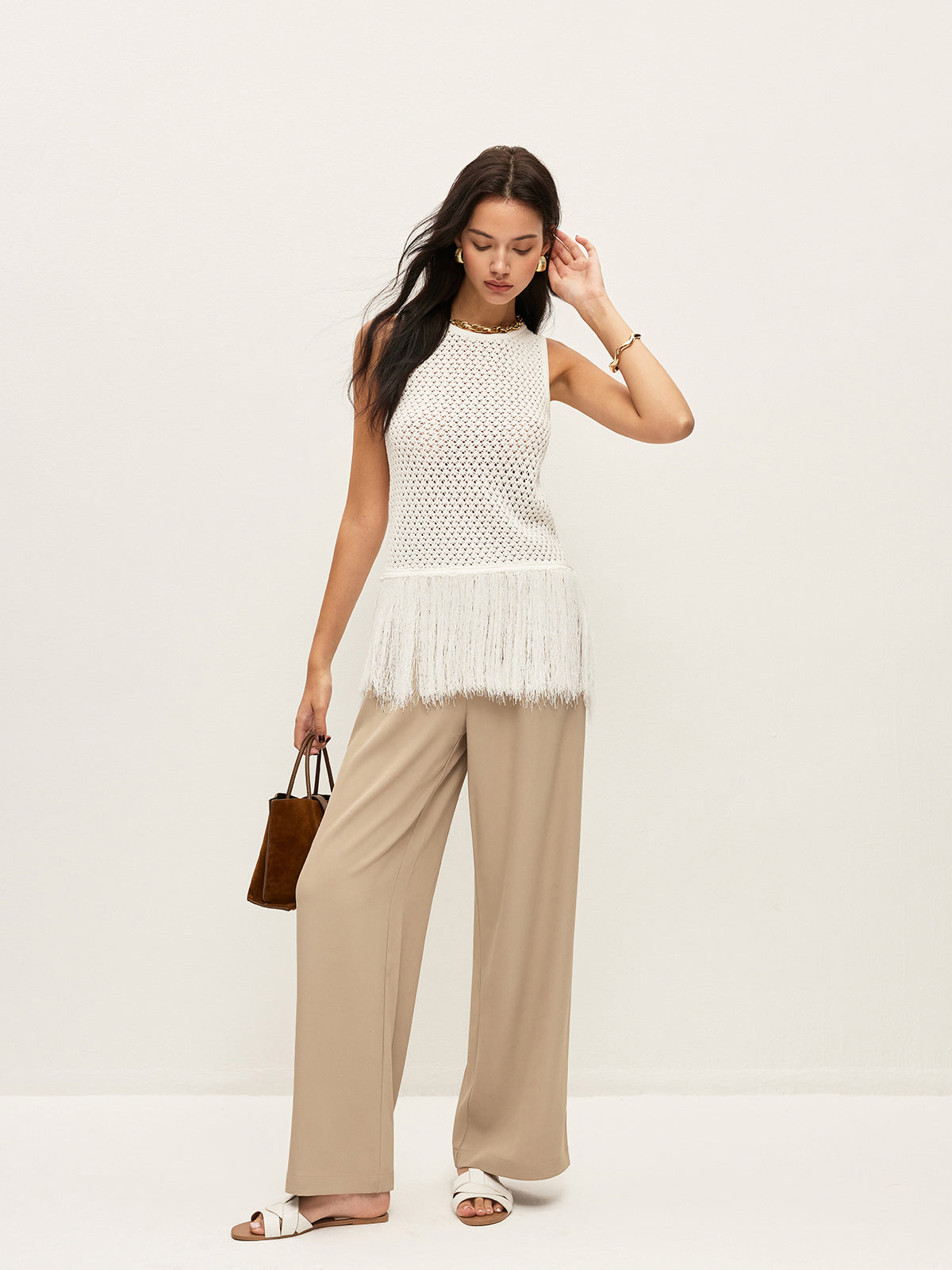 Semi-Sheer Knit Vest With Fringe Hem, Casual Layering Piece