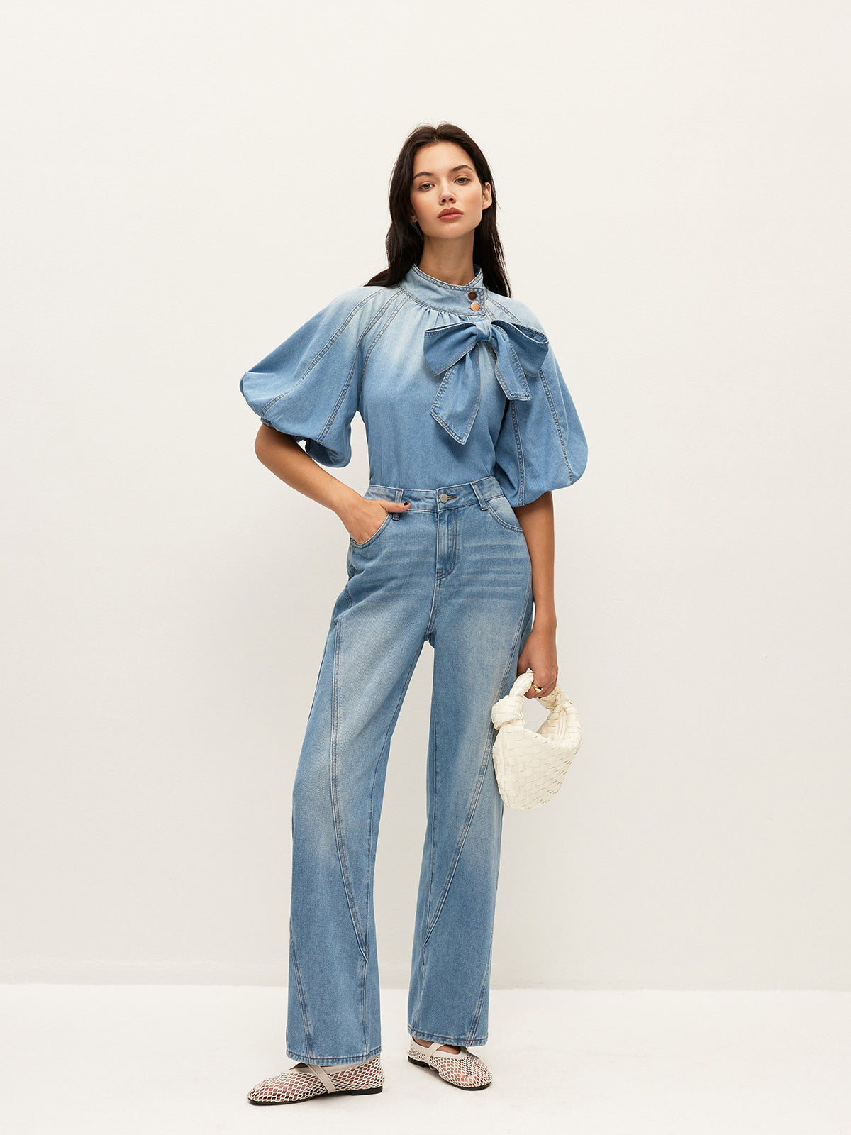 Denim Puff-Sleeve Top With Bow Detail Women's Trendy Casual Shirt