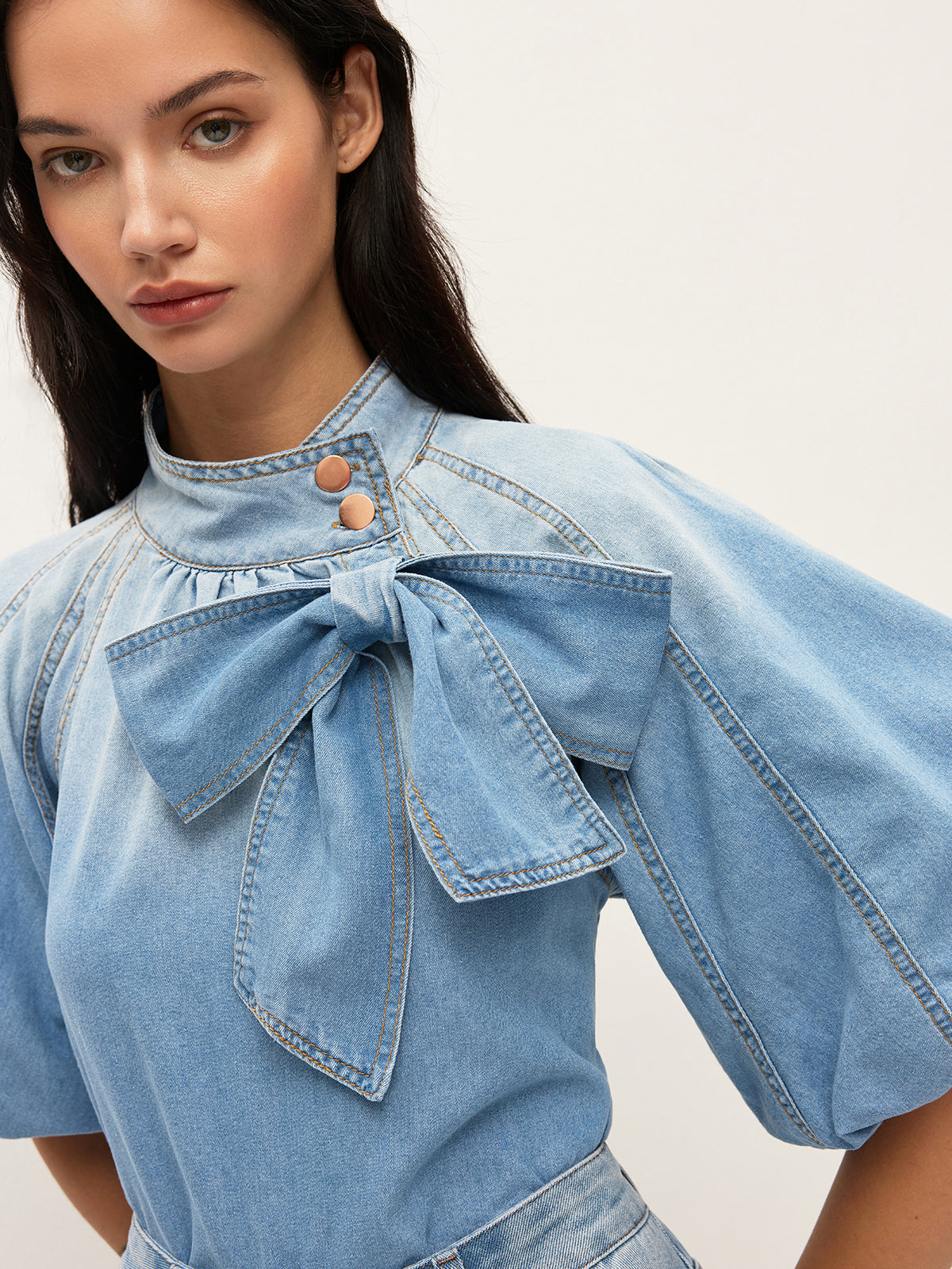Denim Puff-Sleeve Top With Bow Detail Women's Trendy Casual Shirt