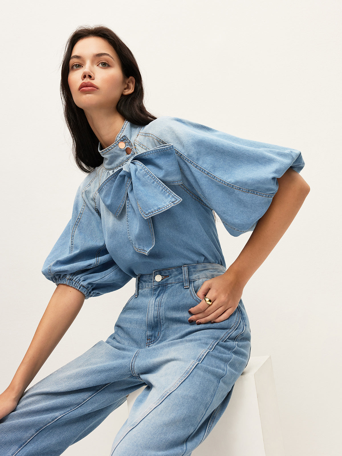Denim Puff-Sleeve Top With Bow Detail Women's Trendy Casual Shirt