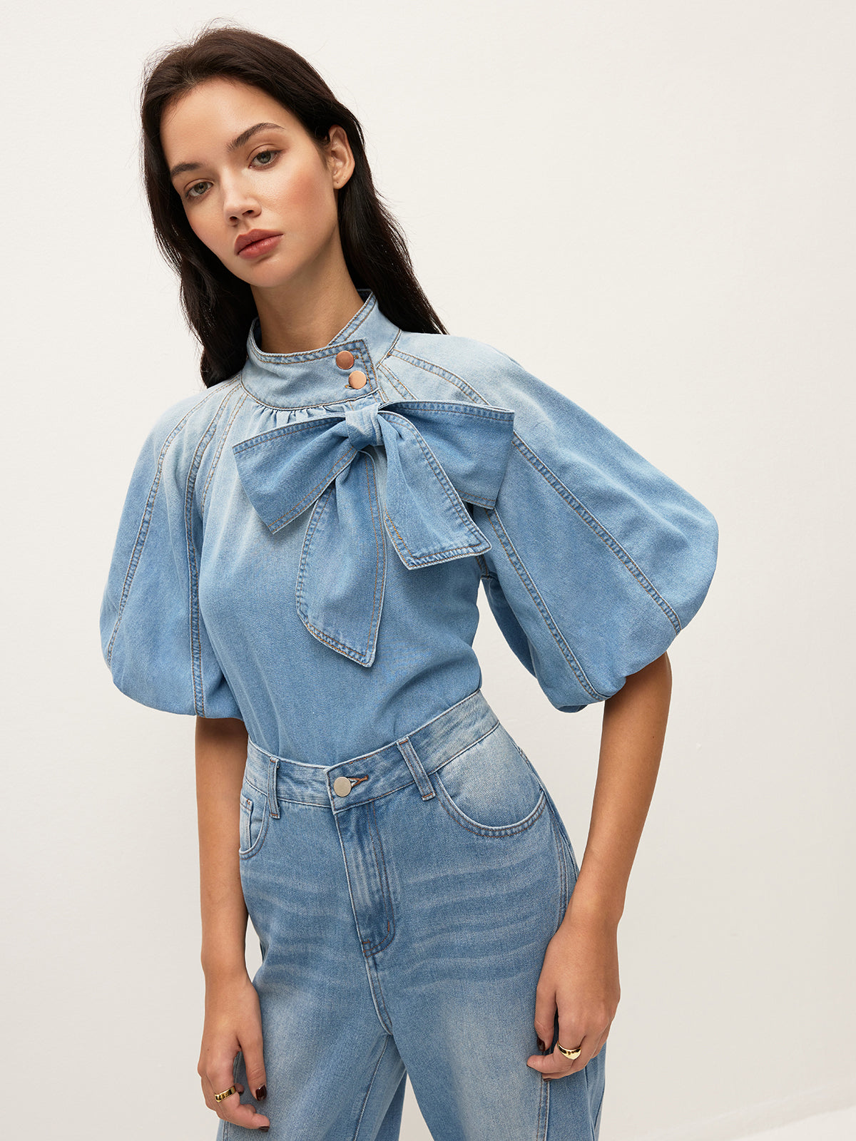 Denim Puff-Sleeve Top With Bow Detail Women's Trendy Casual Shirt