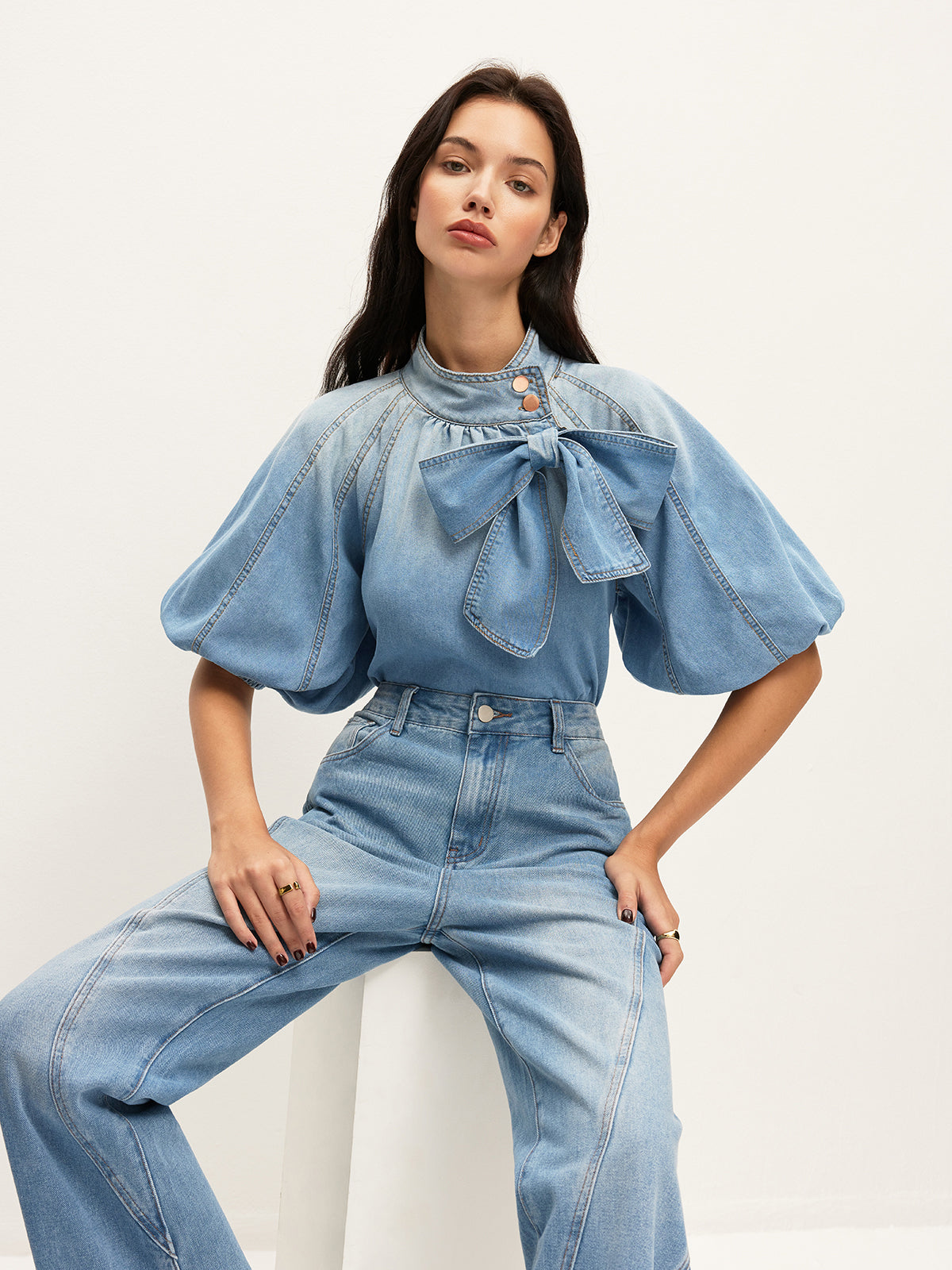 Denim Puff-Sleeve Top With Bow Detail Women's Trendy Casual Shirt