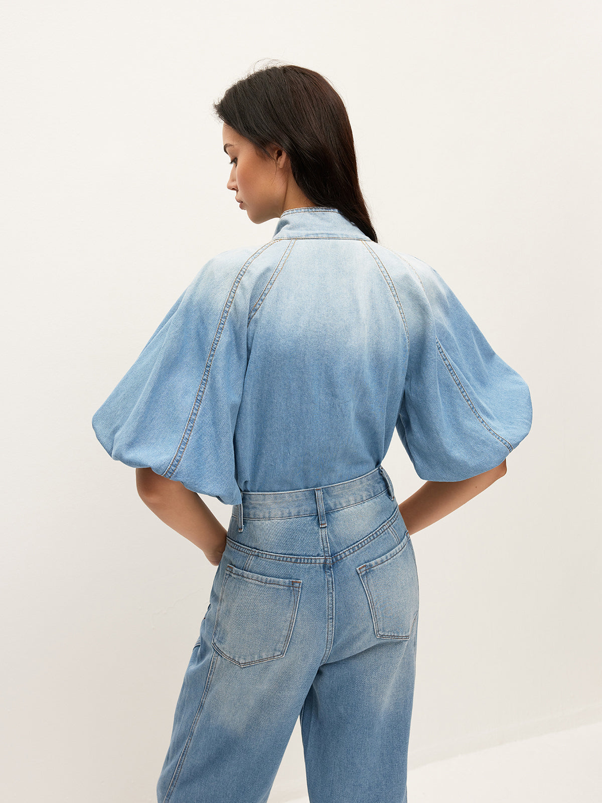 Denim Puff-Sleeve Top With Bow Detail Women's Trendy Casual Shirt