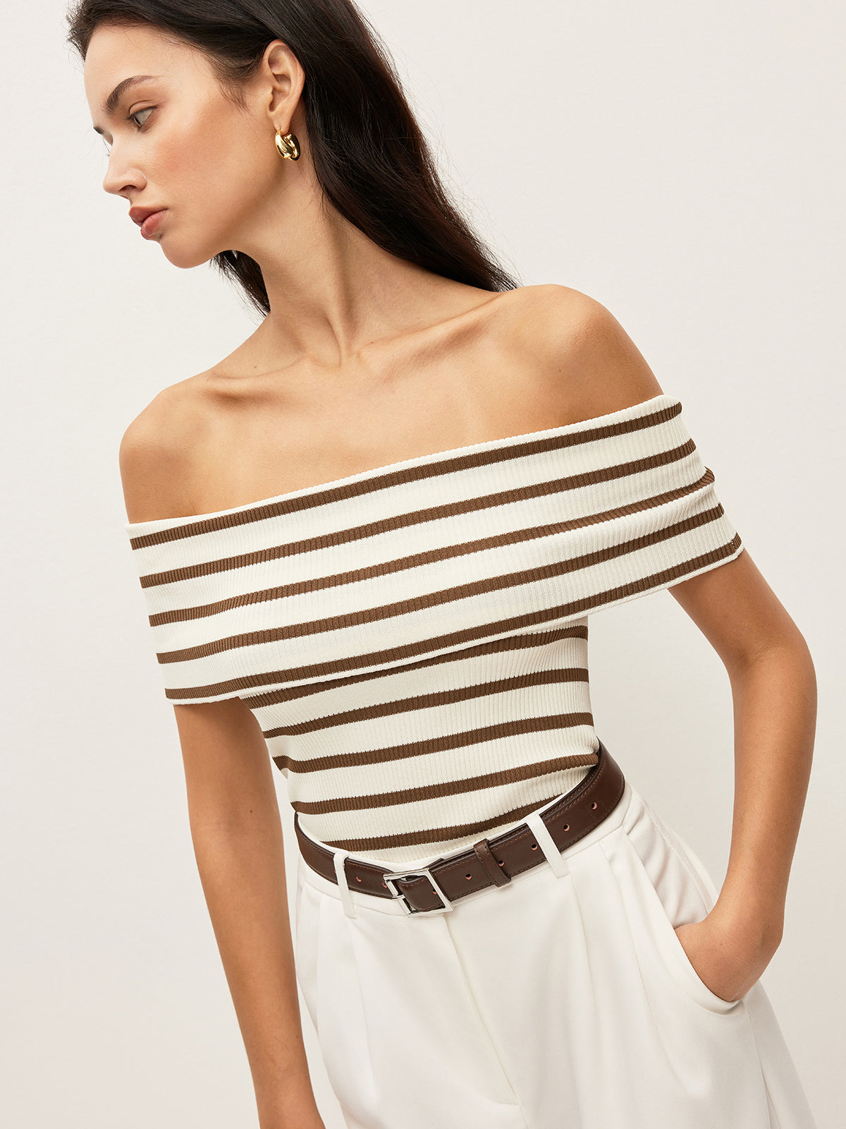 Striped Off-Shoulder Ribbed Top For Women Casual Summer Wear