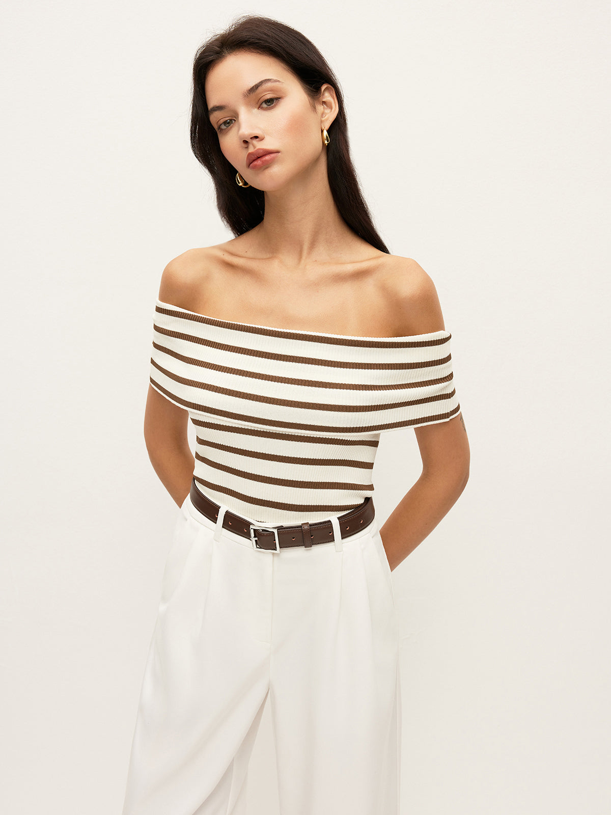 Striped Off-Shoulder Ribbed Top For Women Casual Summer Wear