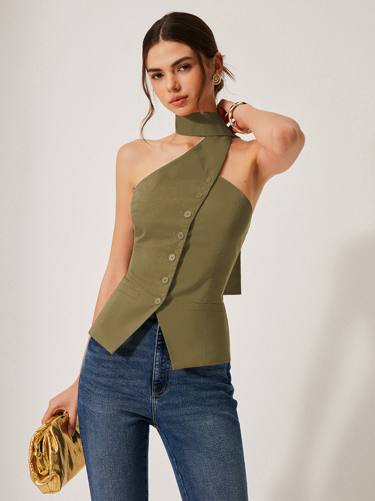 Cotton & Linen Halter Top With Decor Pockets, Summer Breathable Fabric