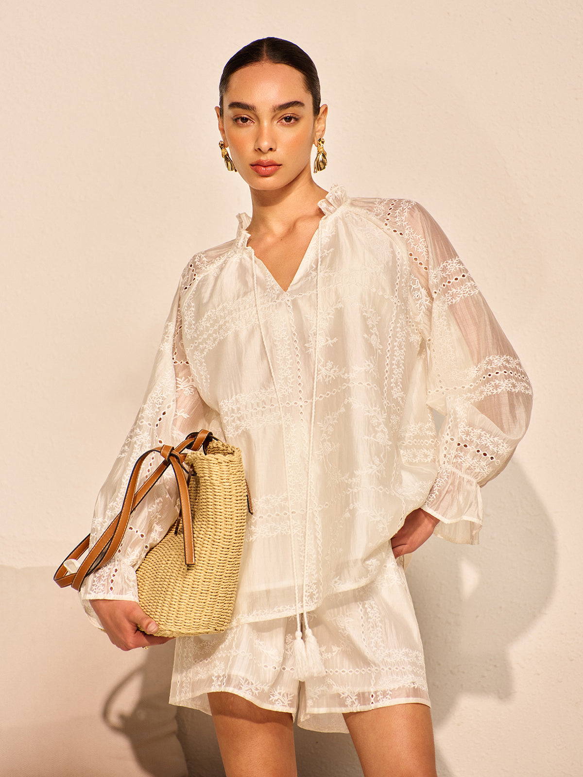 Embroidery Detail Long Sleeve Shorts Set with Lace Trim