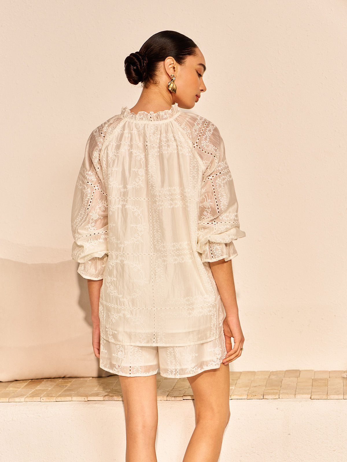 Embroidery Detail Long Sleeve Shorts Set with Lace Trim