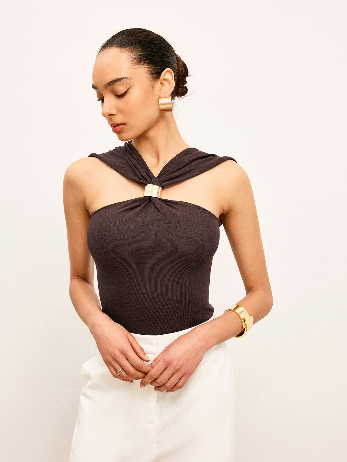 Knitted Twist Front Top With Gold Detail Elegant Women’s Fashion