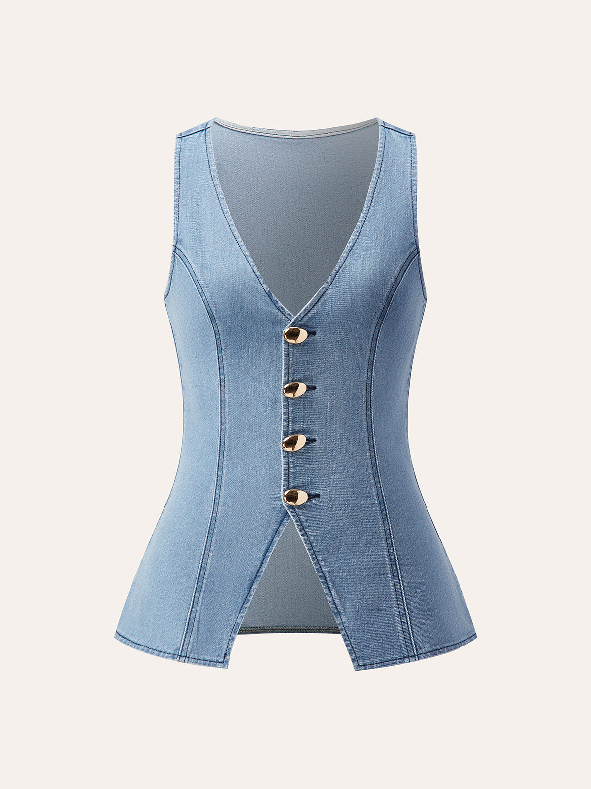 Metal Button Tie-Back Denim V-Neck Shorts Set with Elastic Waistband