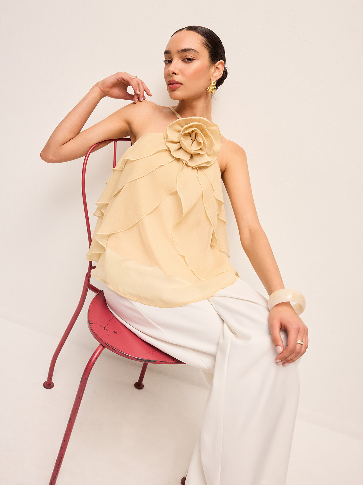 Floral Ruffle Halter Top for Women with Tie Neck Closure