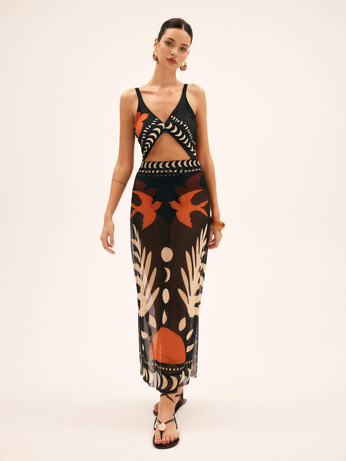 Bird Print Mesh Cover Up Maxi Skirt Lightweight Summer Beachwear