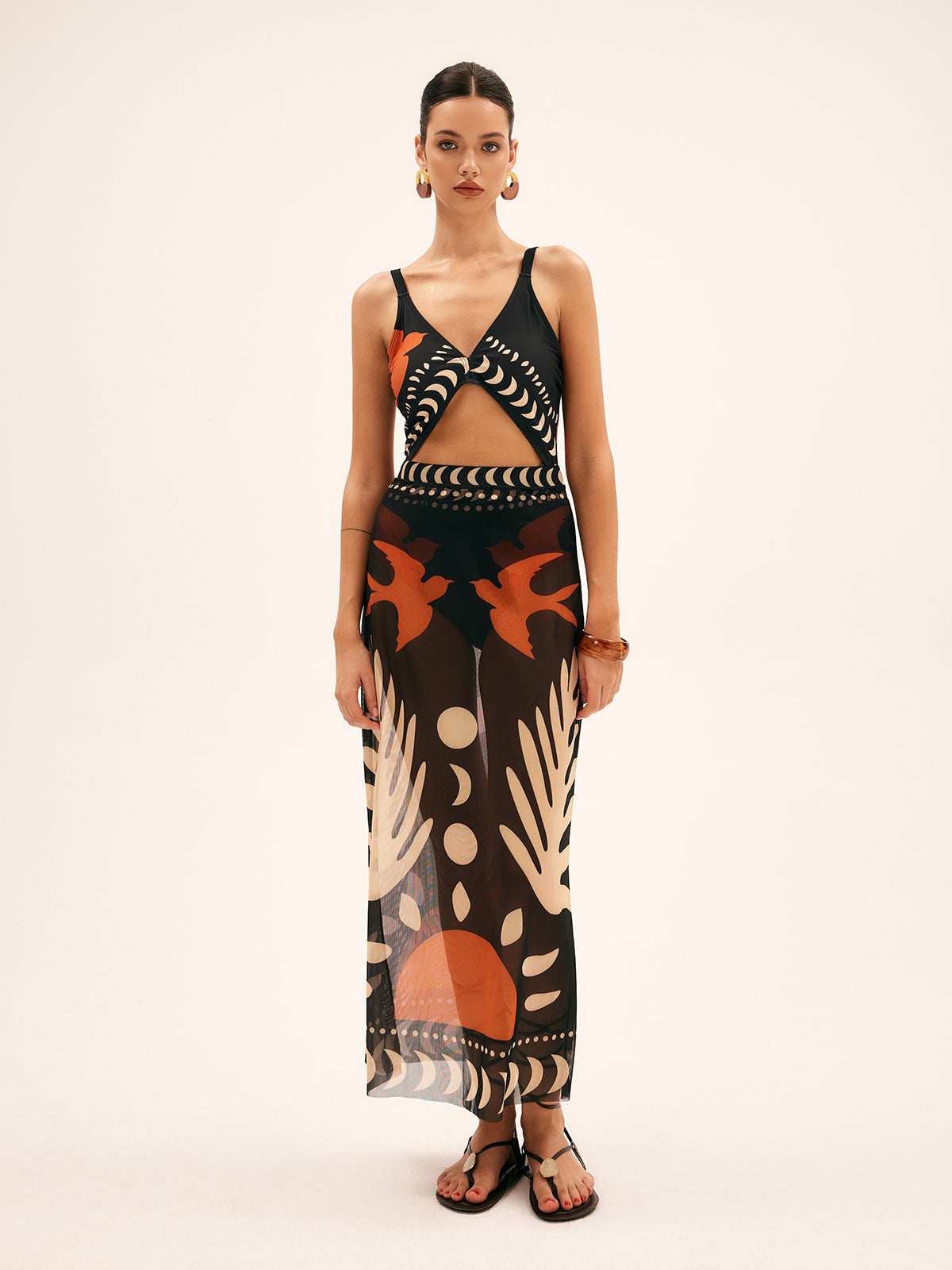 Bird Print Mesh Cover Up Maxi Skirt Lightweight Summer Beachwear