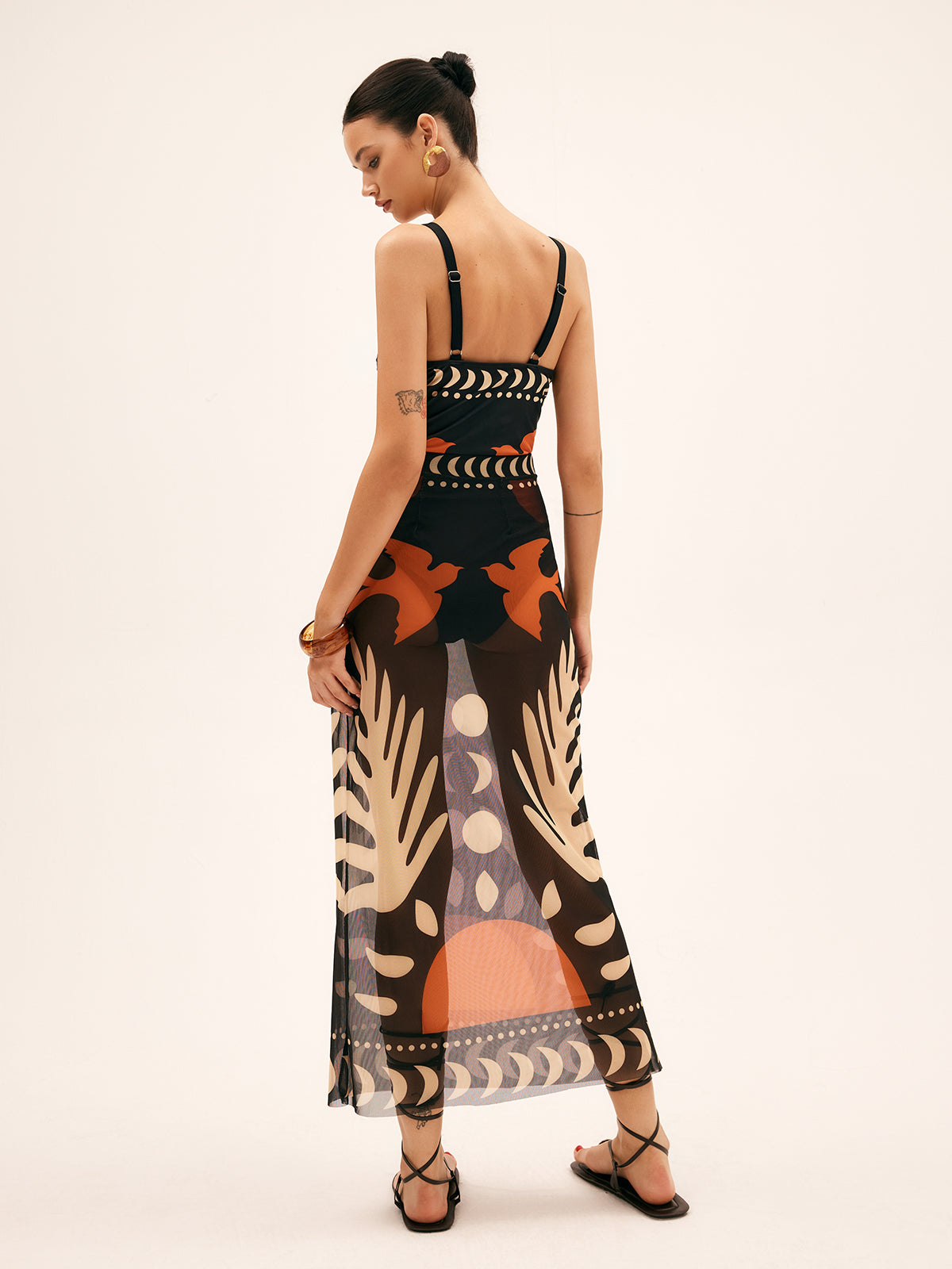 Bird Print Mesh Cover Up Maxi Skirt Lightweight Summer Beachwear