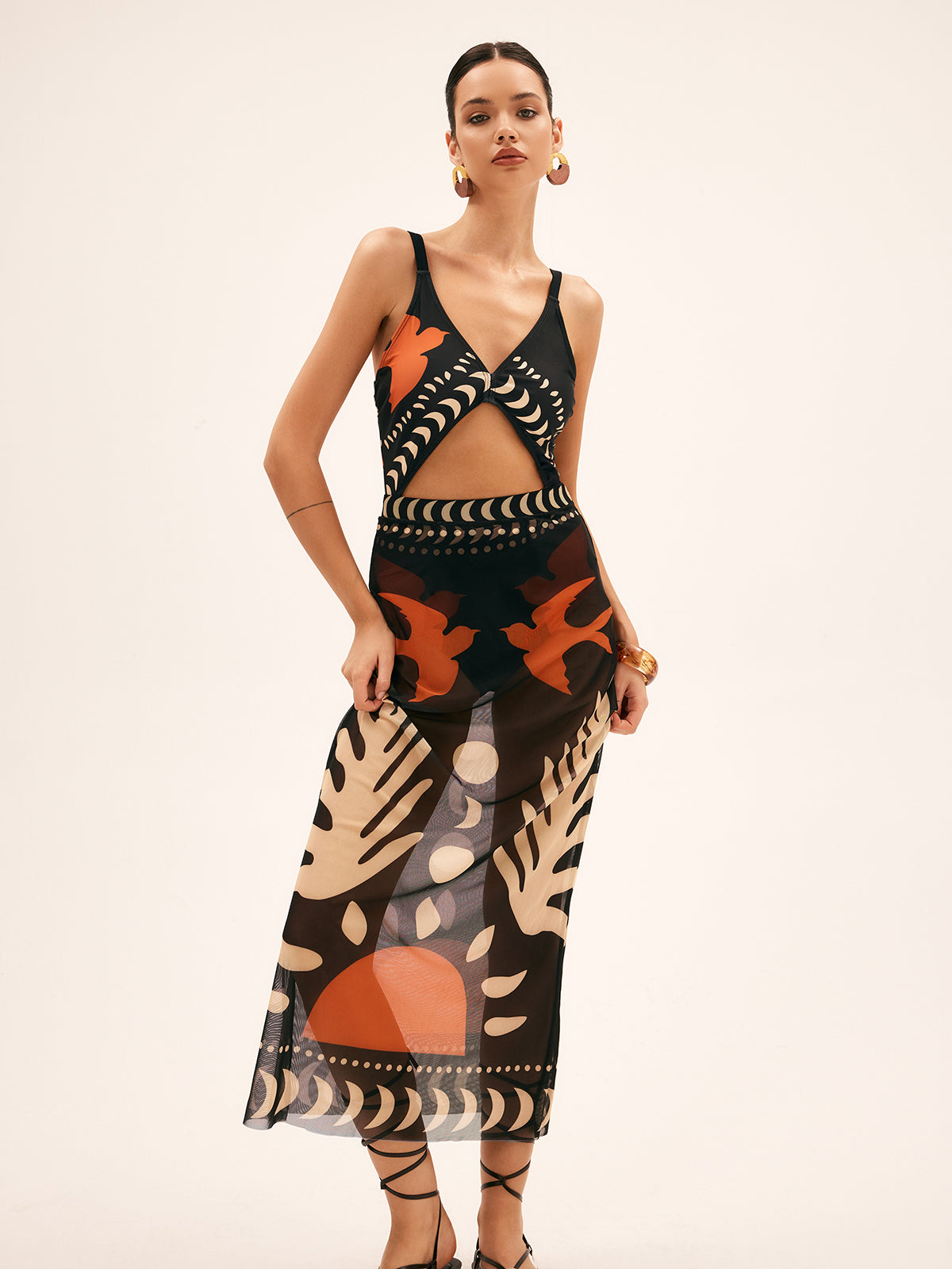 Bird Print Mesh Cover Up Maxi Skirt Lightweight Summer Beachwear
