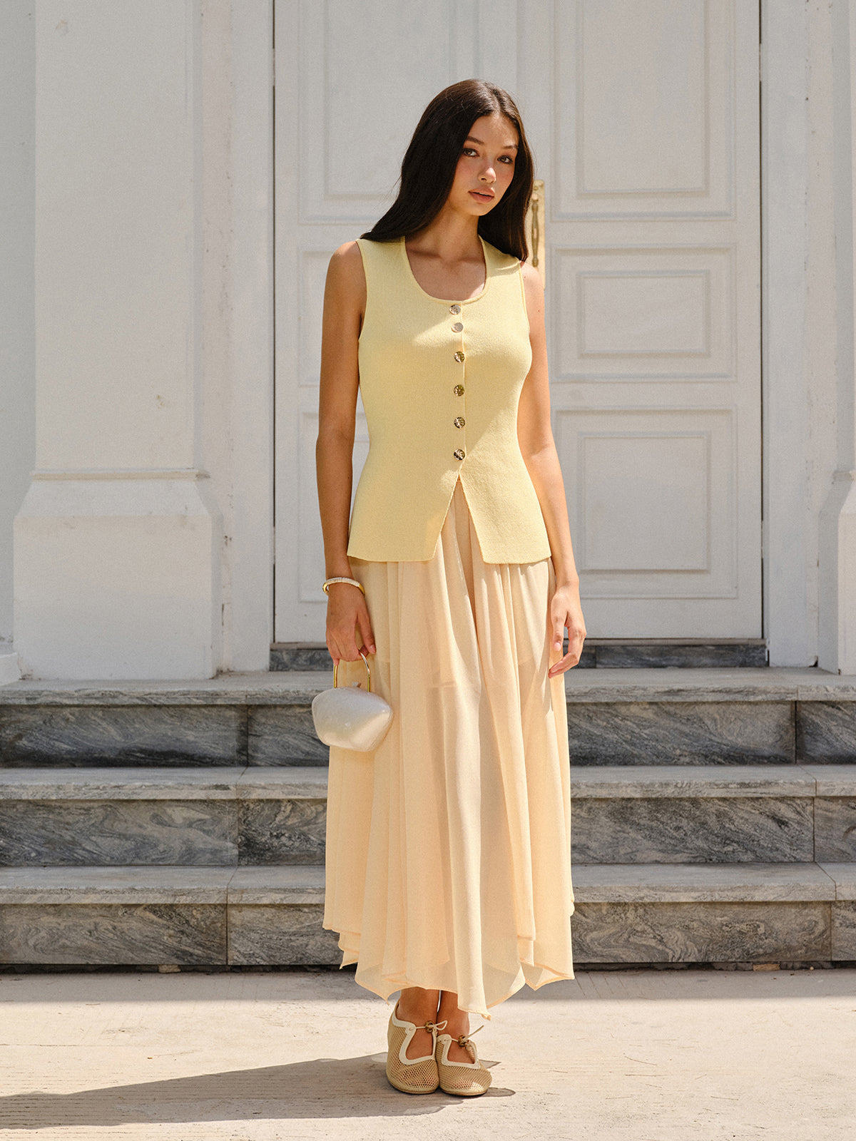 Sleeveless Square-Neck Buttoned Top With Split Hem Casual Women's Fashion