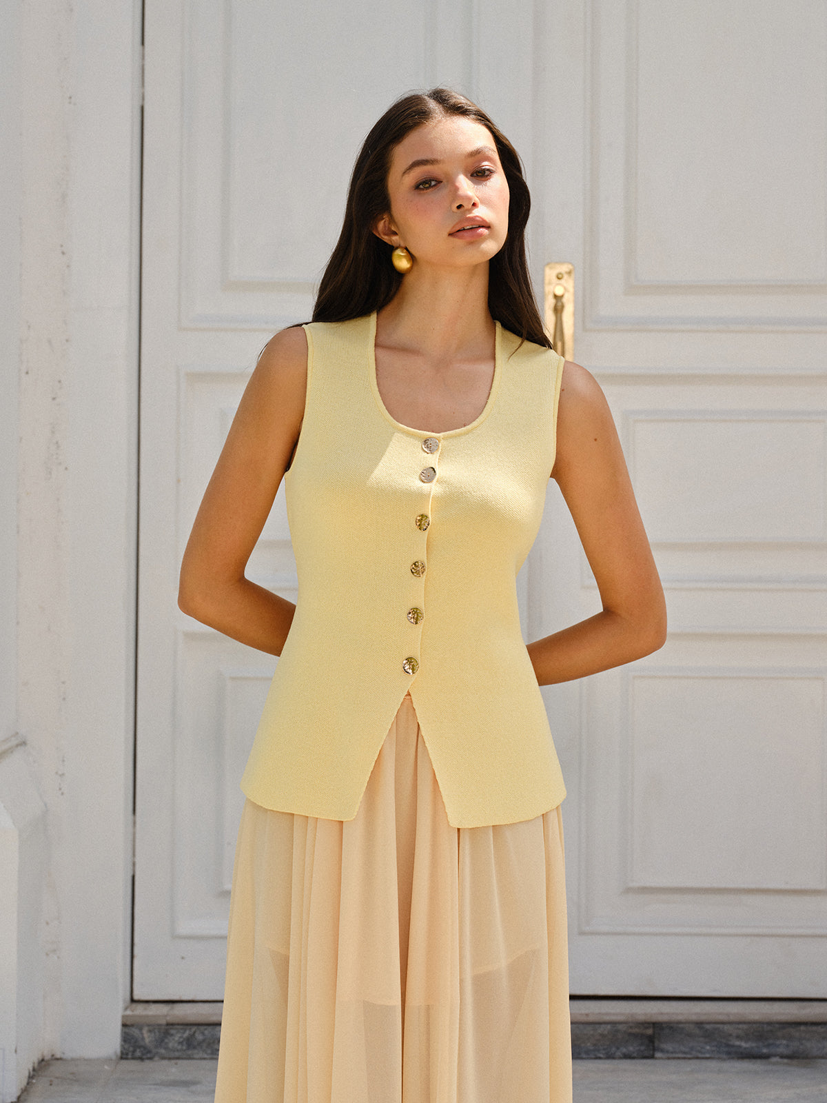 Sleeveless Square-Neck Buttoned Top With Split Hem Casual Women's Fashion
