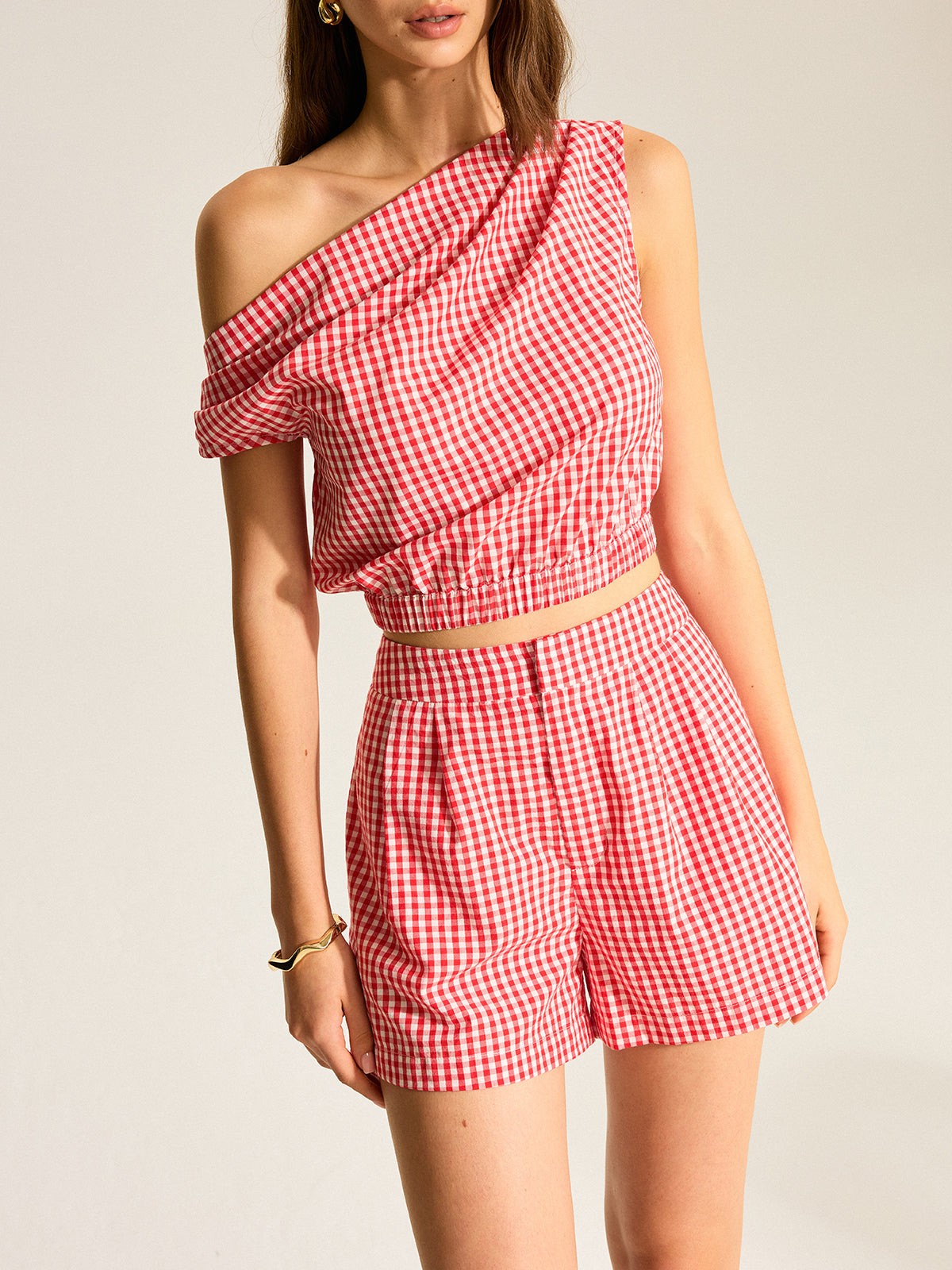 Gingham One-Shoulder Top and Shorts Set for Summer Outfits