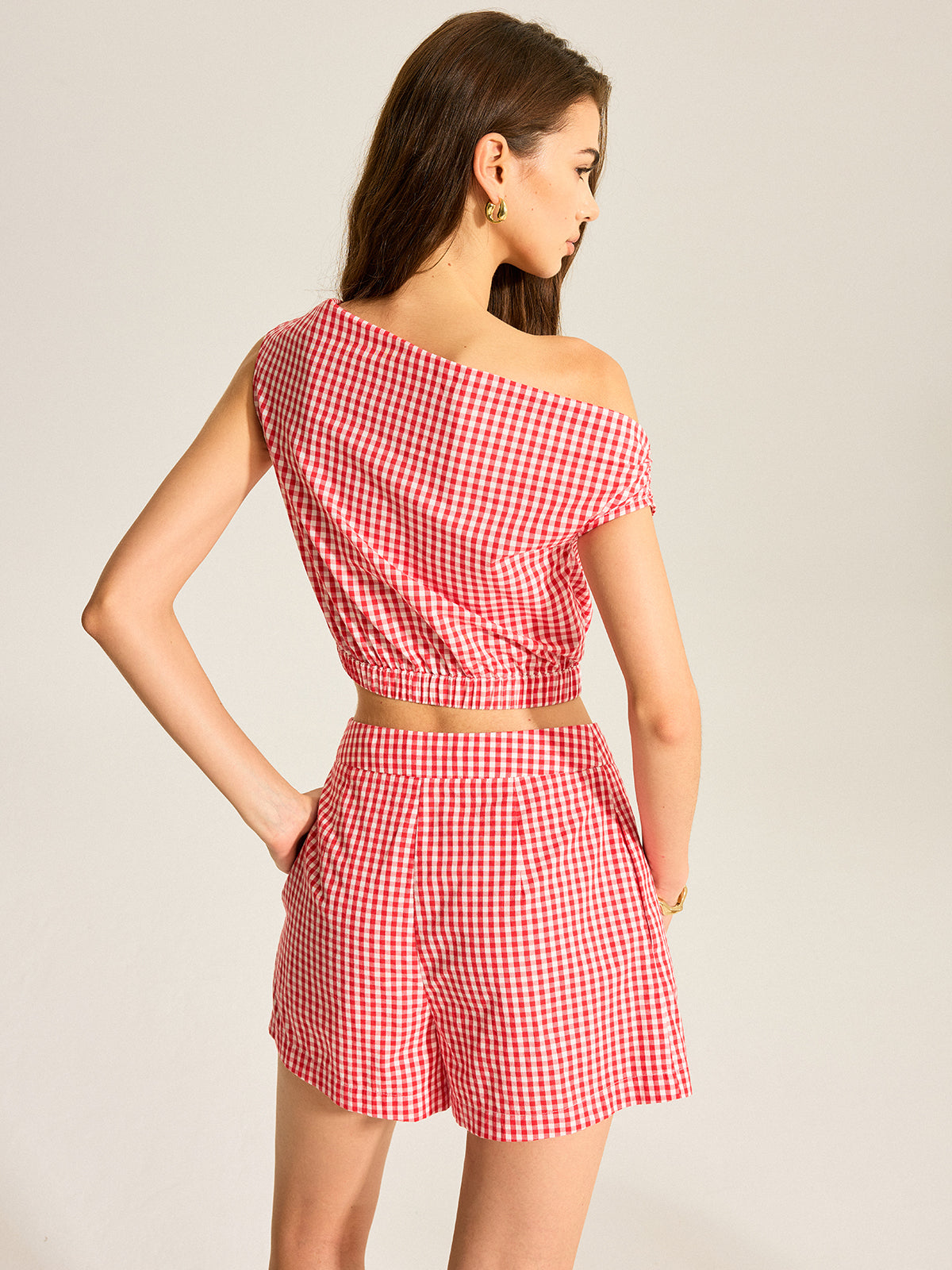Gingham One-Shoulder Top and Shorts Set for Summer Outfits