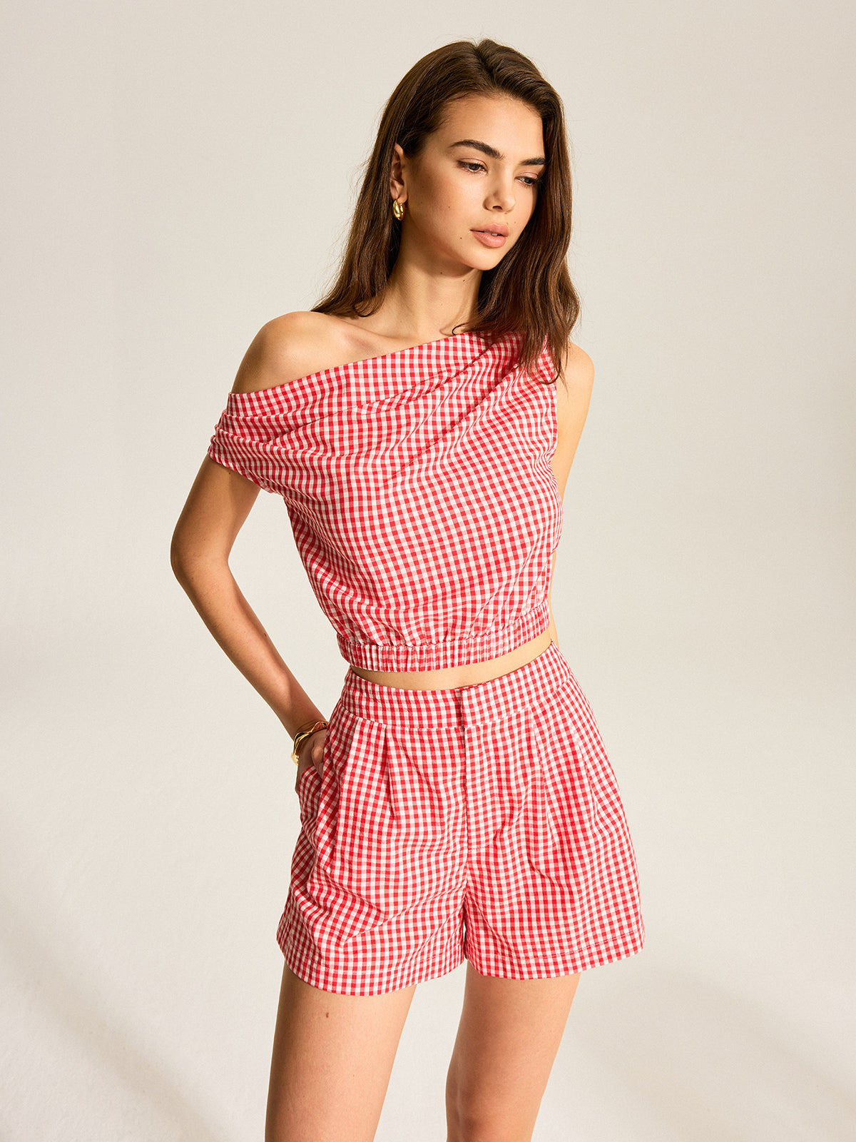 Gingham One-Shoulder Top and Shorts Set for Summer Outfits
