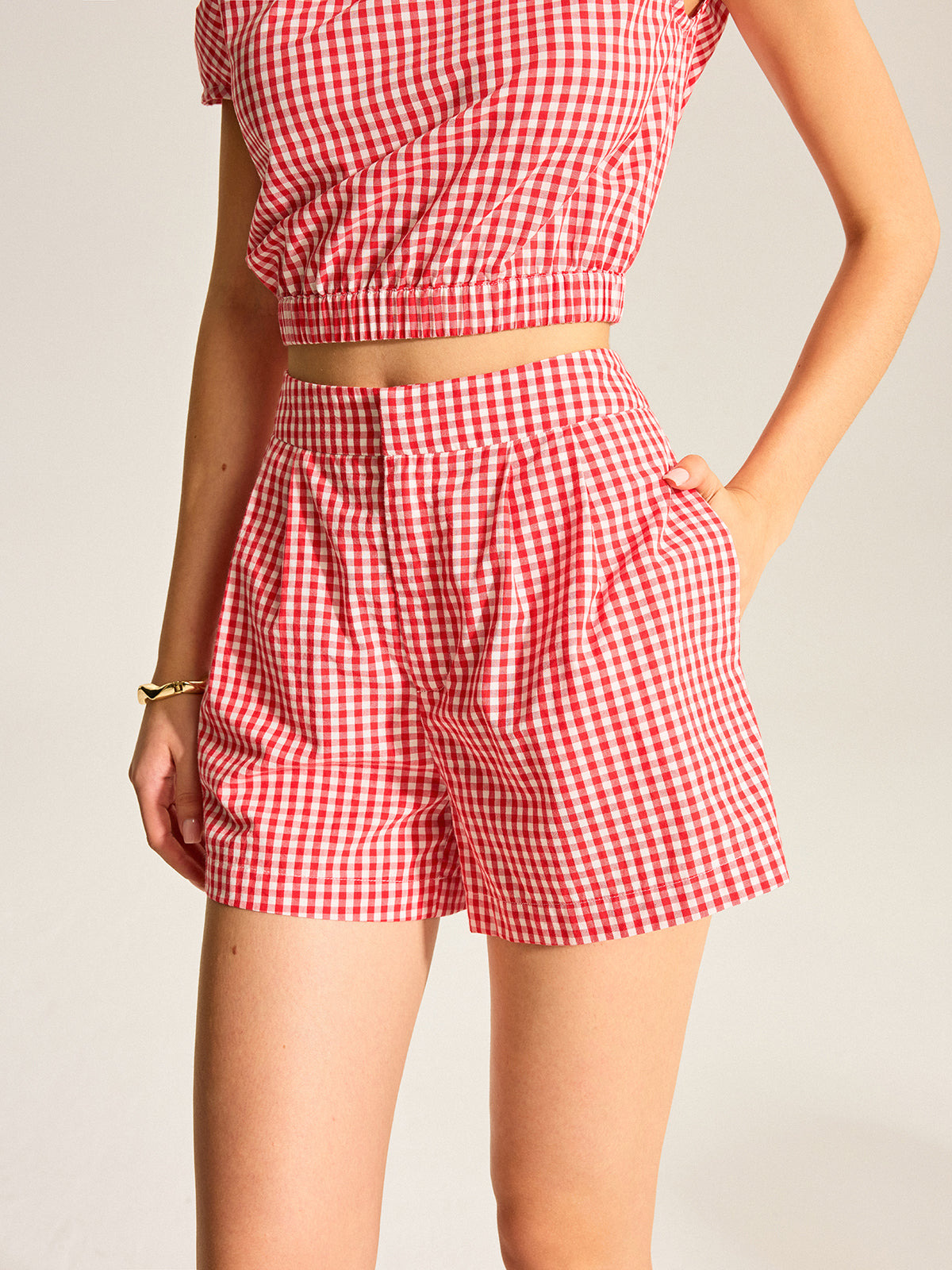 Gingham One-Shoulder Top and Shorts Set for Summer Outfits