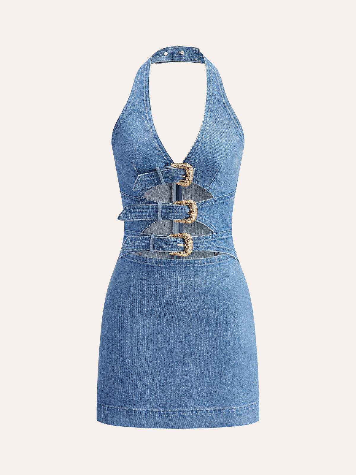 Halter Neck Buckle Detail Denim Dress with Adjustable Strap
