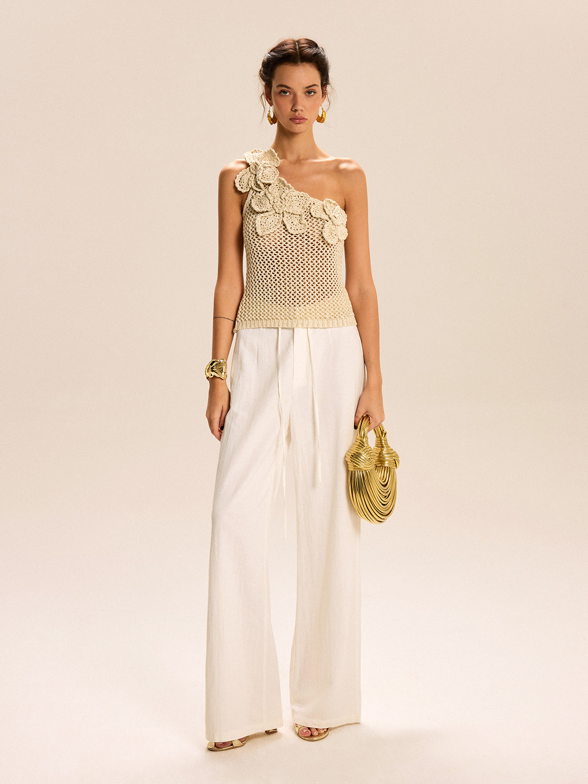 One-Shoulder Floral Crochet Knit Top with Elegant Lace Detail