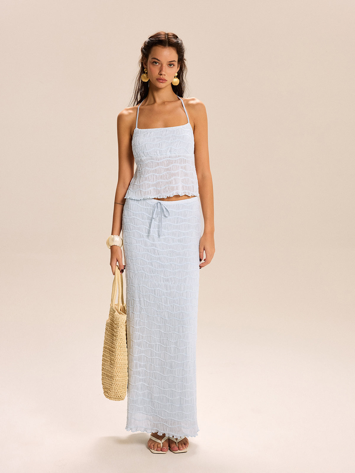 Textured Halter Crop Top and Skirt Set for Women Summer Outfit